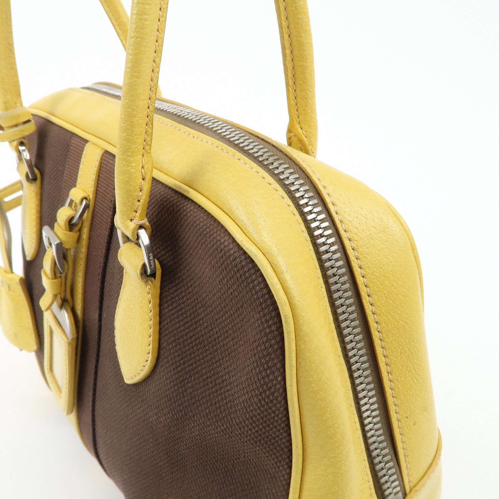 PRADA Canvas Leather Shoulder Bag Hand Bag Brown Yellow Used