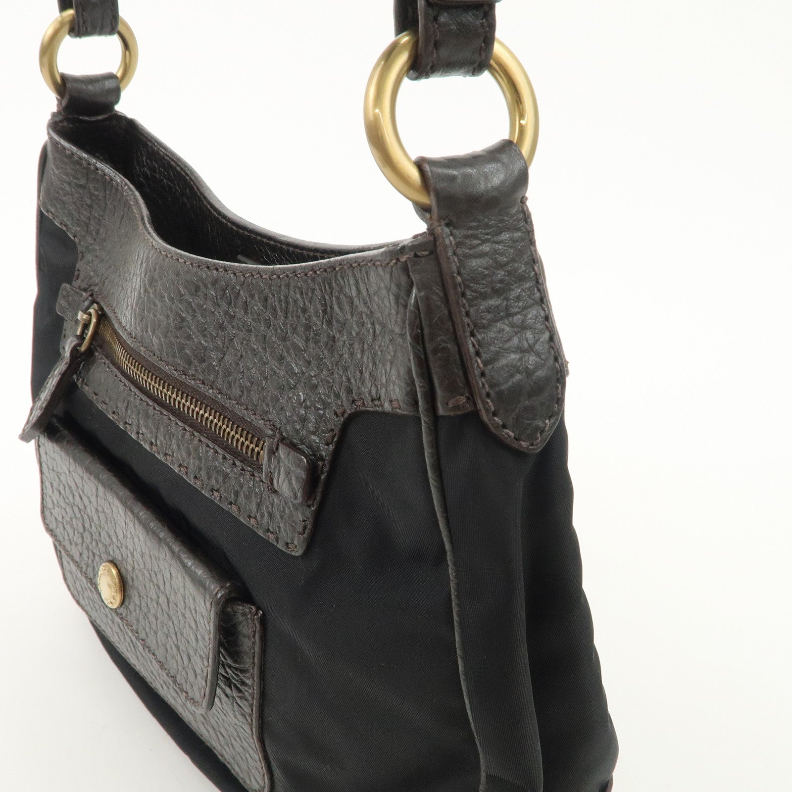 PRADA Nylon Leather Shoulder Bag Black Dark Brown BR1973 Used