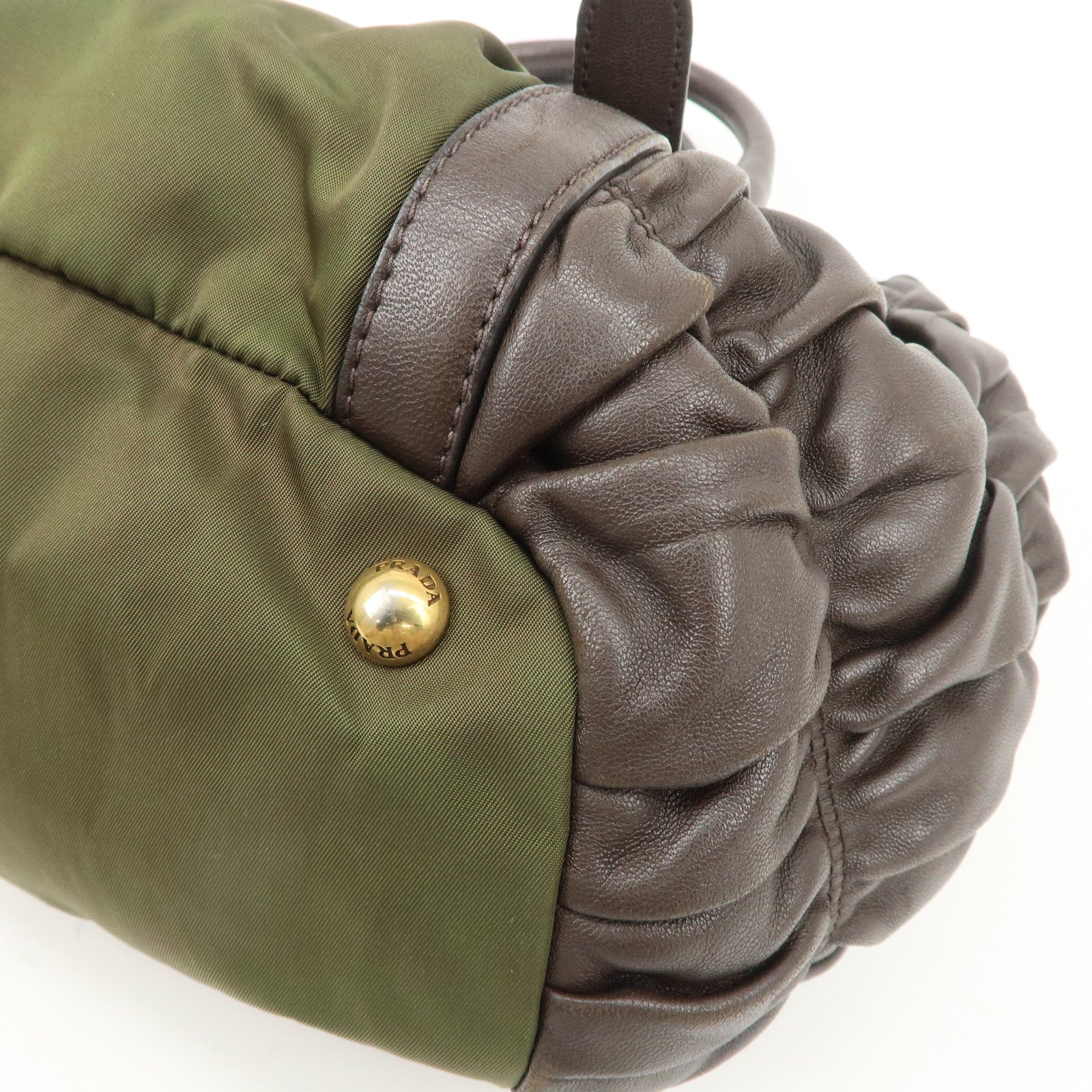 PRADA Nylon Leather Gathered Hand Bag Green Brown BN1793 Used