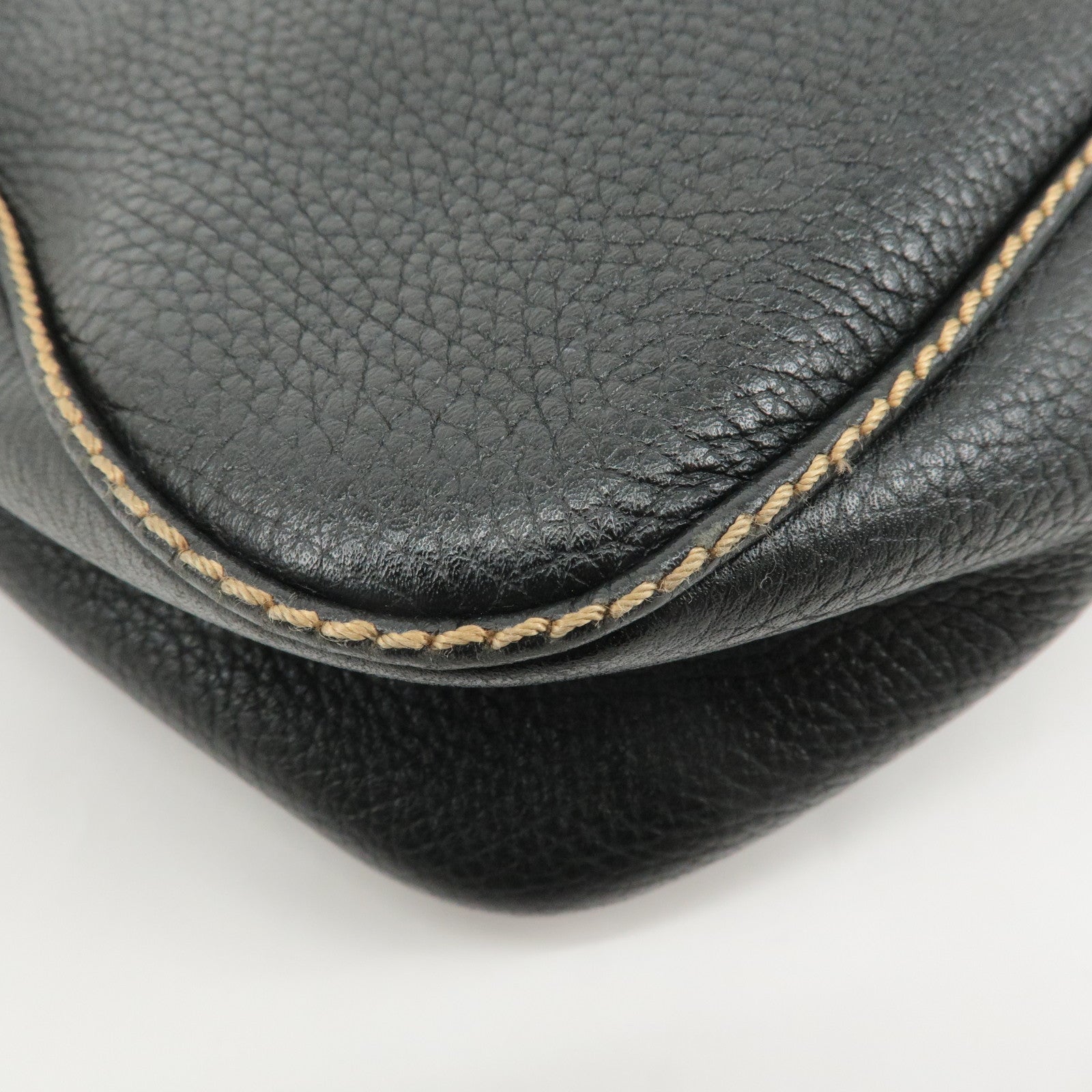 CHANEL Leather Shoulder Bag Black Silver Used