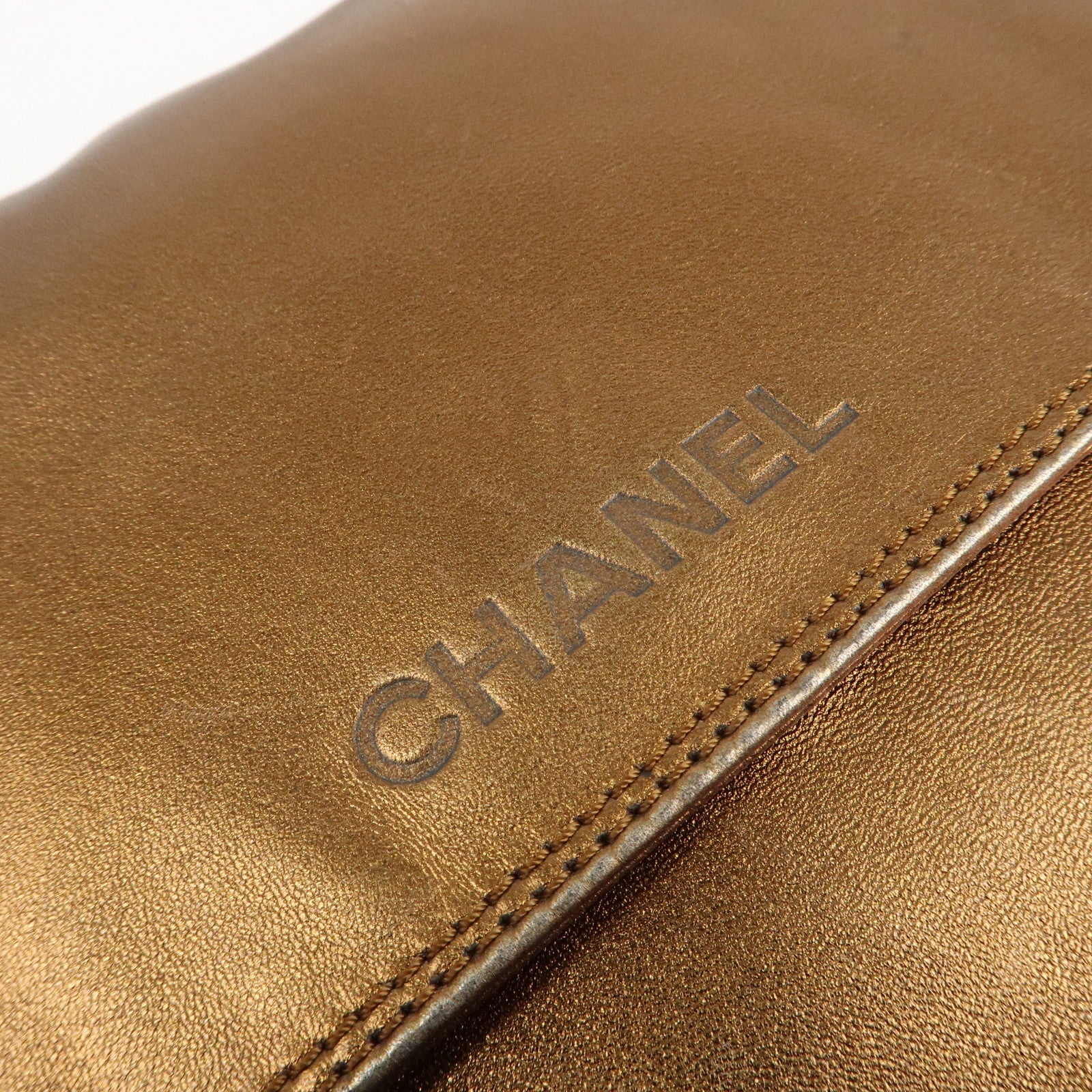 CHANEL Leather Logo Shoulder Bag Hand Bag Gold Used