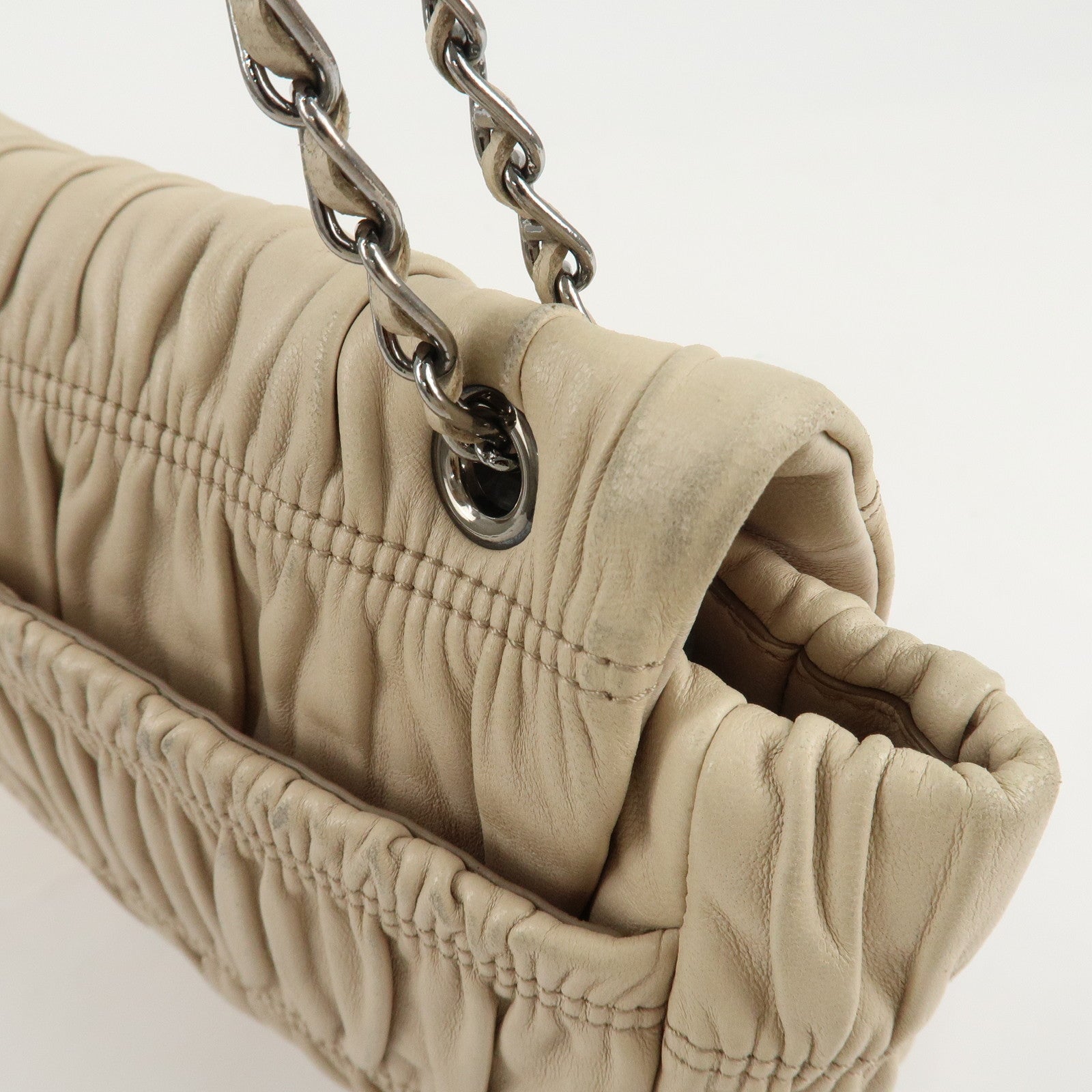 PRADA Leather Gathered Chain Shoulder Bag Ivory B4695C Used
