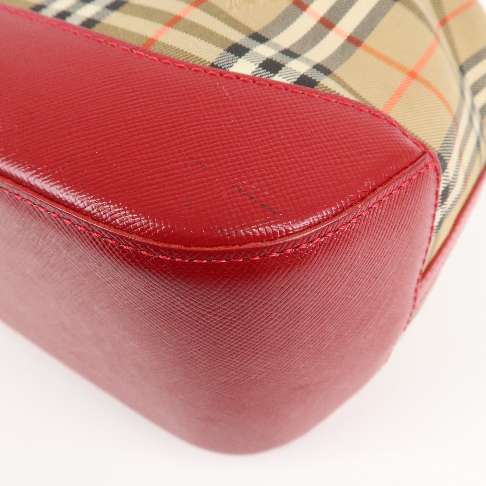 BURBERRY Nova Plaid Canvas Leather Shoulder Bag Hand Bag Red Used