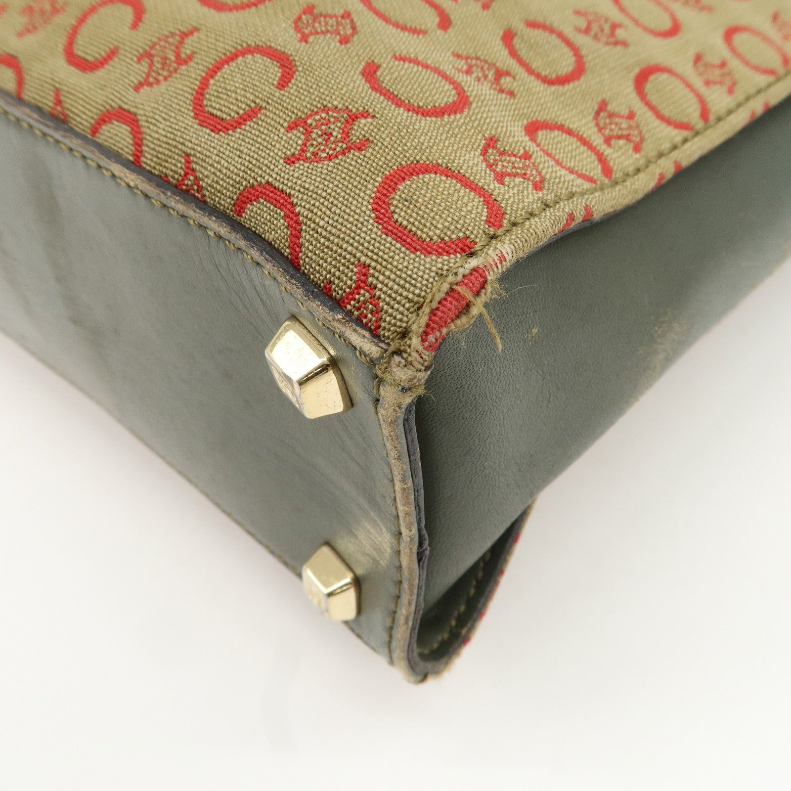 CELINE Macadam Canvas Hand Bag Brown Red Khaki Used