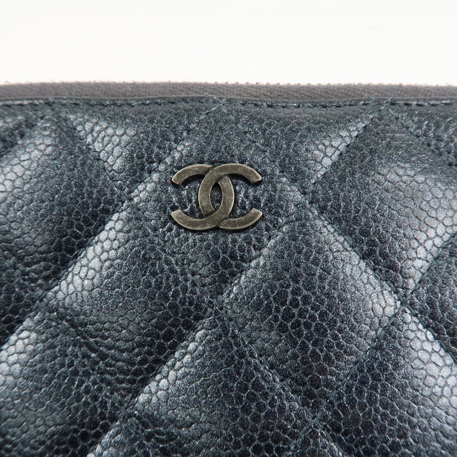 CHANEL Matelasse Caviar Skin Zip Around Long Wallet Metal Blue Used