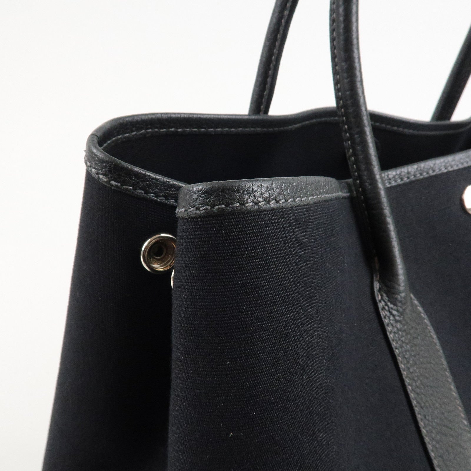 HERMES Garden Party PM G Stamped Canvas Leather Tote Bag Black Used