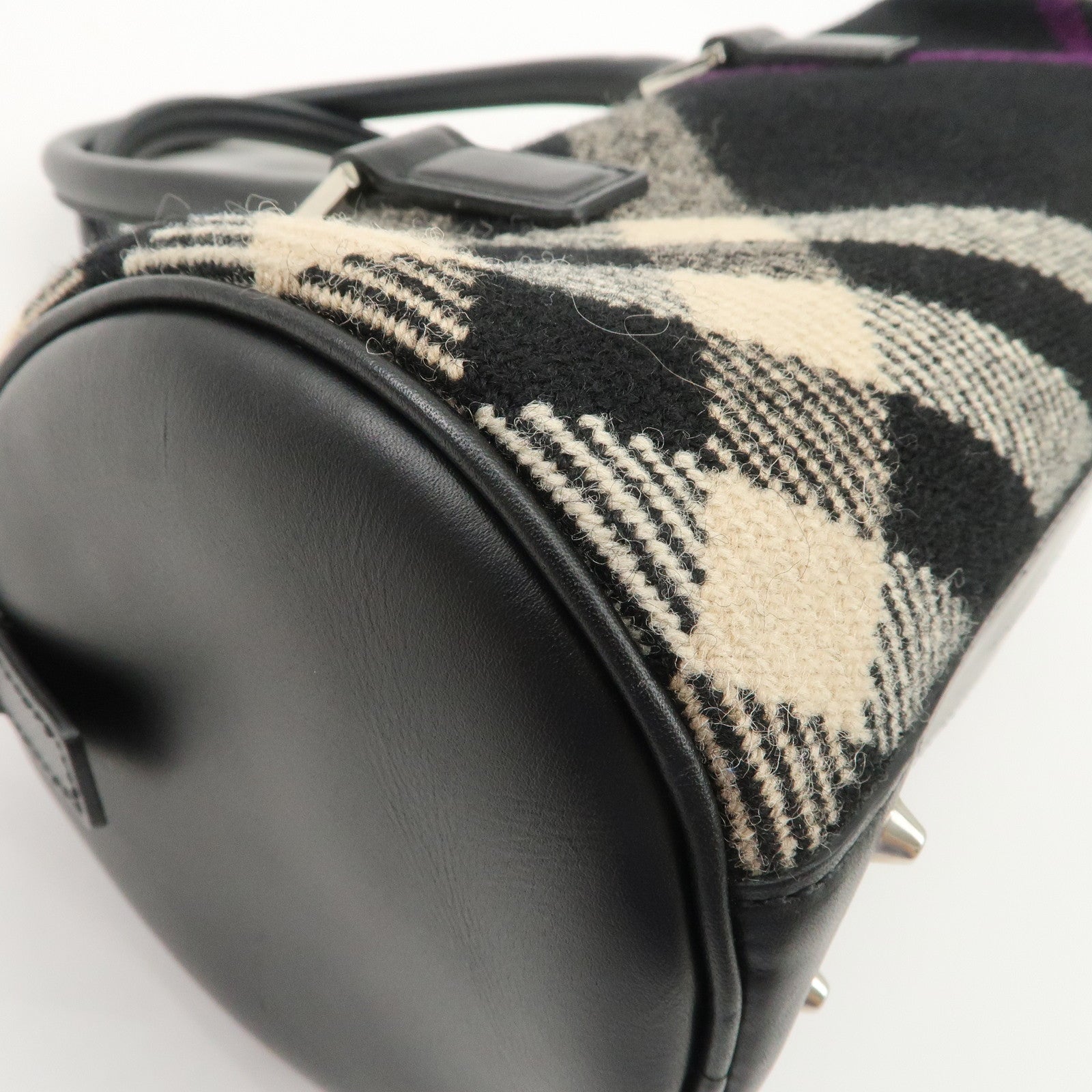 BURBERRY Wool Leather Boston Bag Hand Bag Black Beige Purple Used