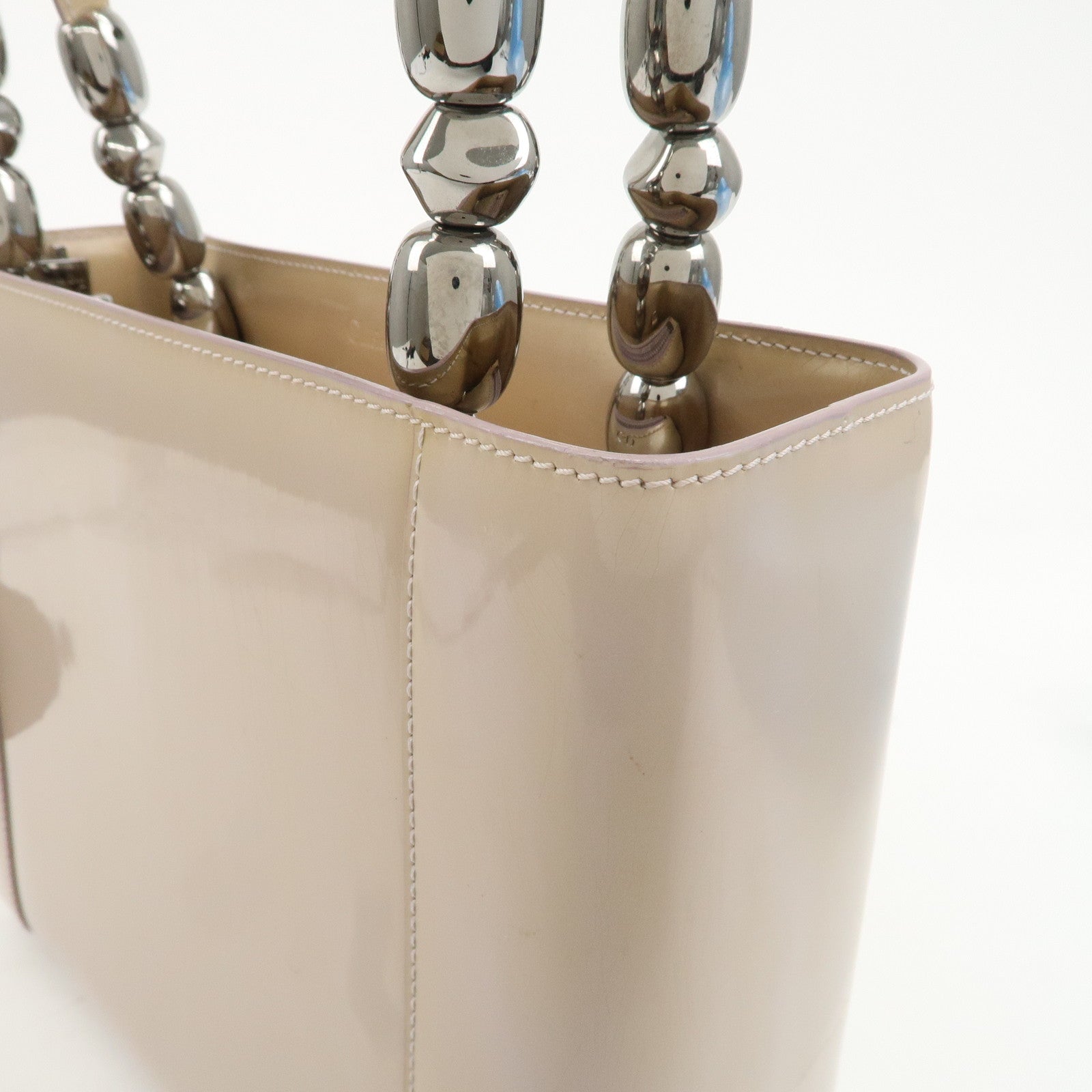 Christian Dior Maris Pearl Patent Leather Tote Bag Beige Used