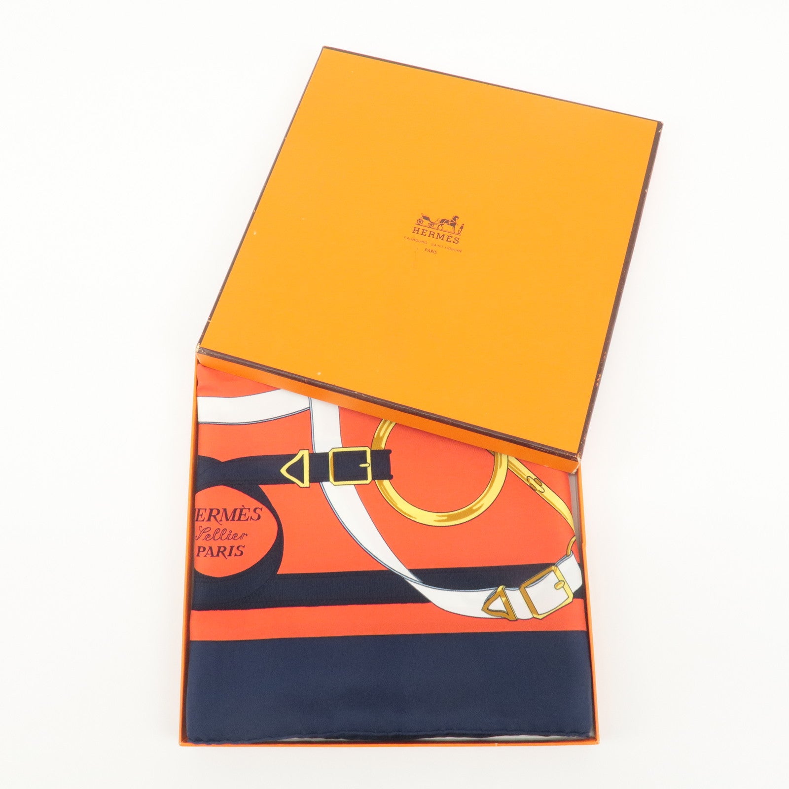 HERMES Carre 90 100% Silk Carre 90 Eperon d'or Red Navy Gold Used
