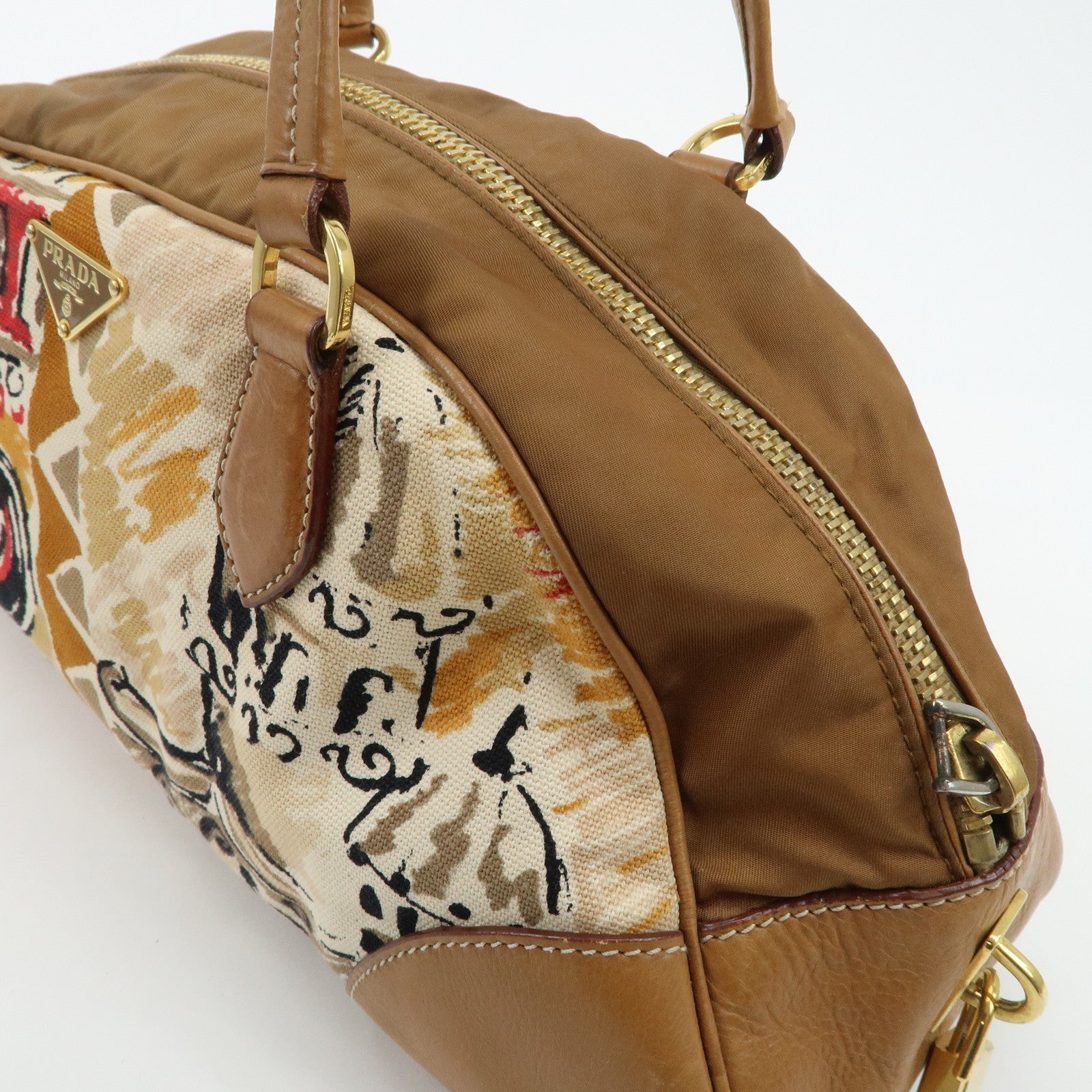 PRADA Logo Canvas Leather Nylon Shoulder Bag Boston Bag Brown Used