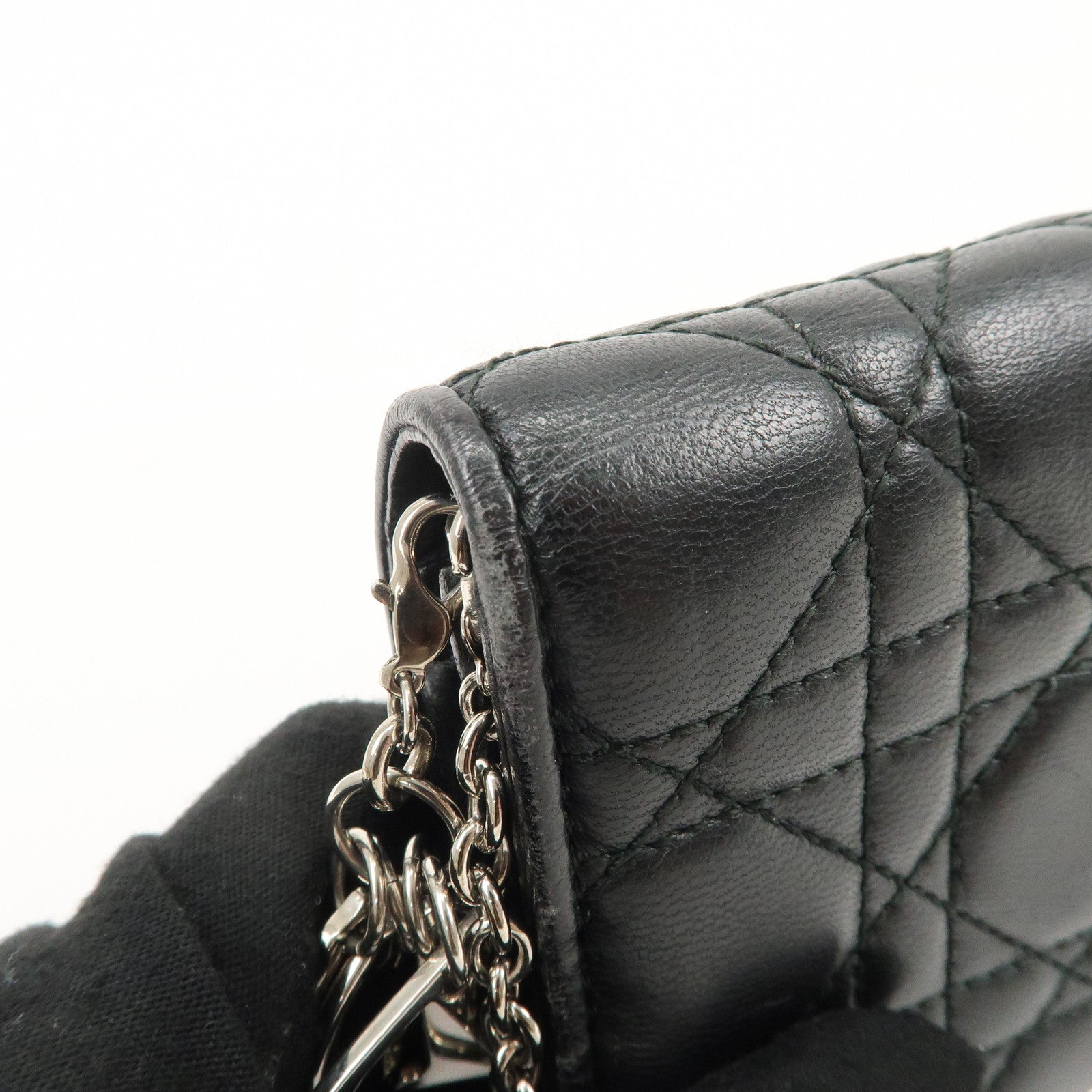 Christian Dior Cannage Leather Chain Long Wallet WOC Black Used