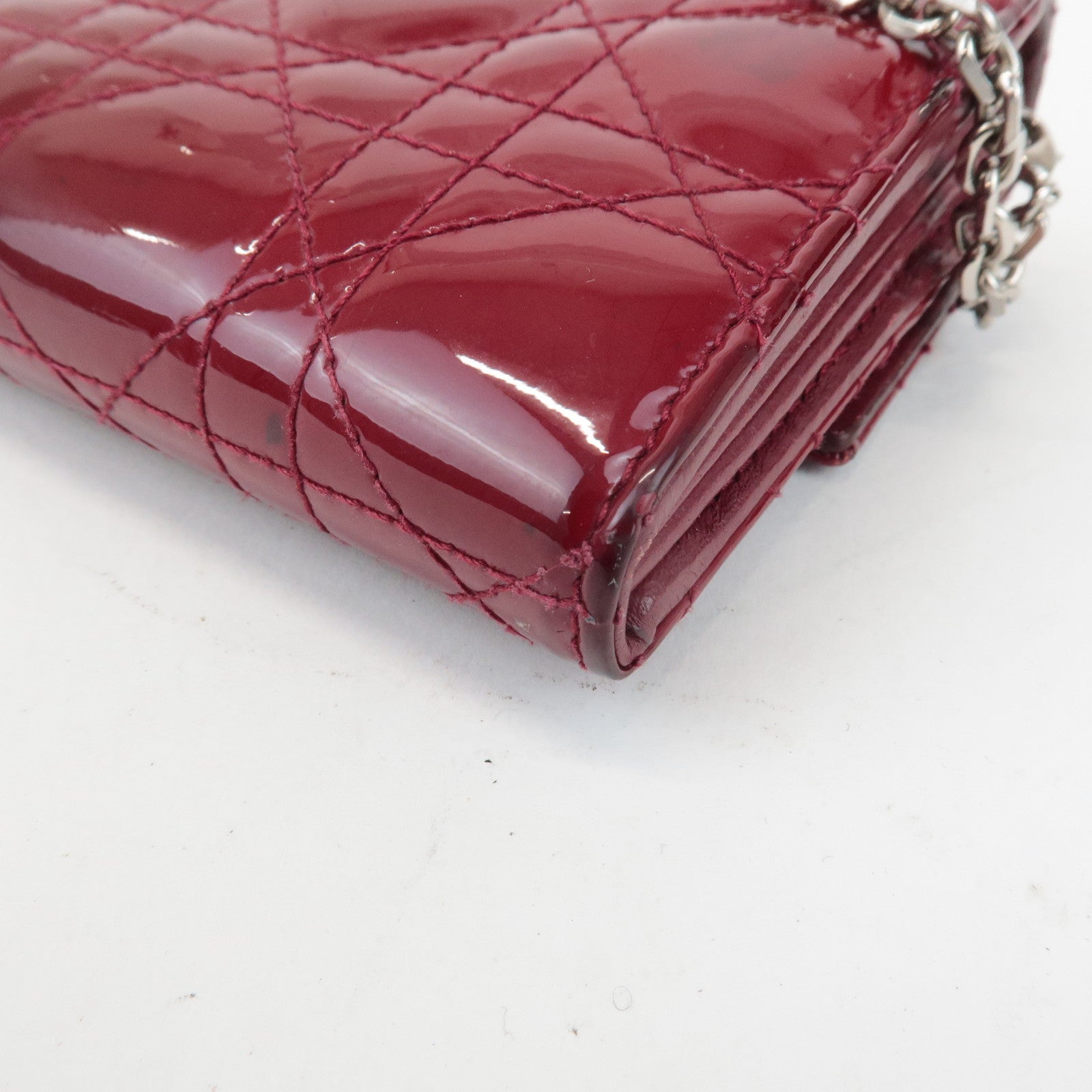 Christian Dior Lady Dior Cannage Patent Leather Chain Wallet Used