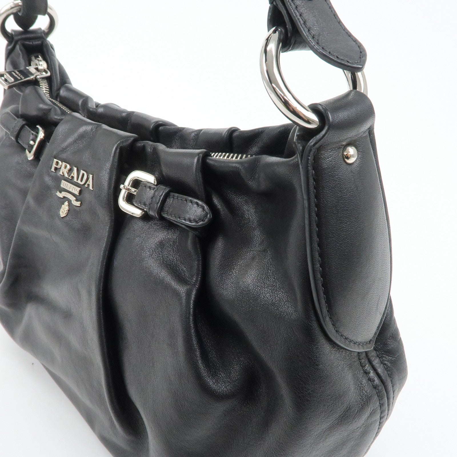 PRADA Soft Calf Leather Shoulder Bag Black BR3795 Used