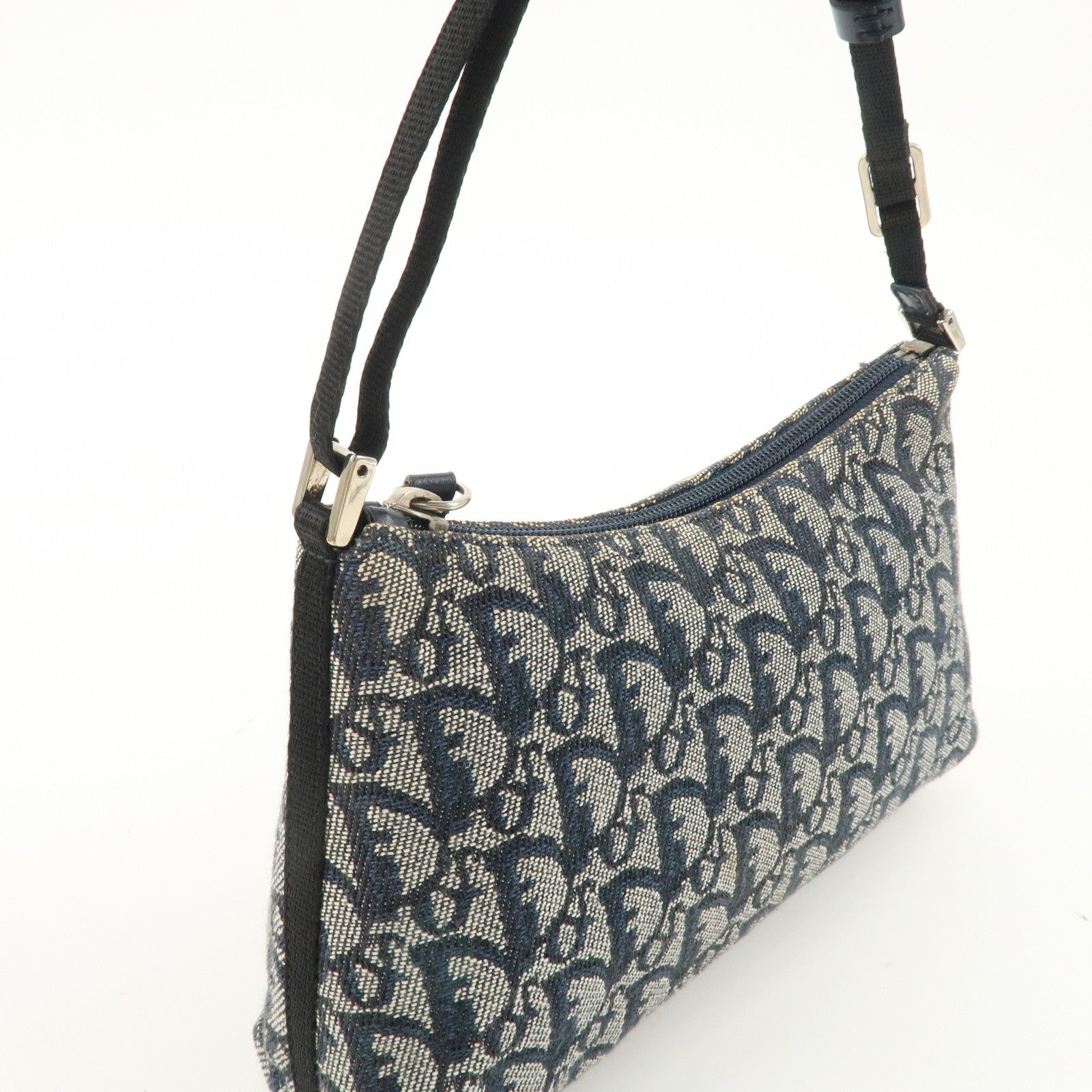 Christian Dior Trotter Canvas Leather Shoulder Bag Navy White Used