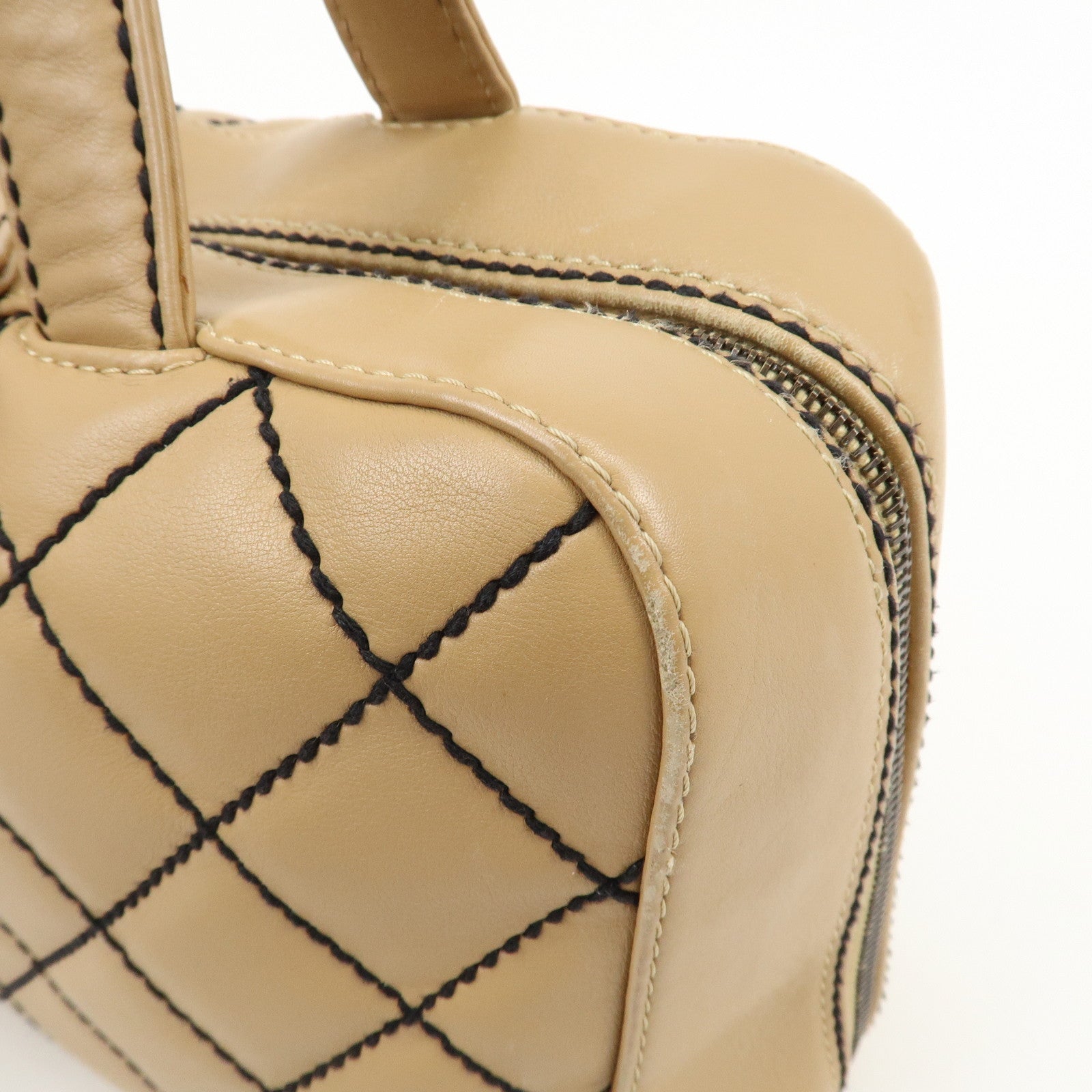 CHANEL Wild Stitch Lamb Skin Coco Mark Hand Bag Beige A14692 Used