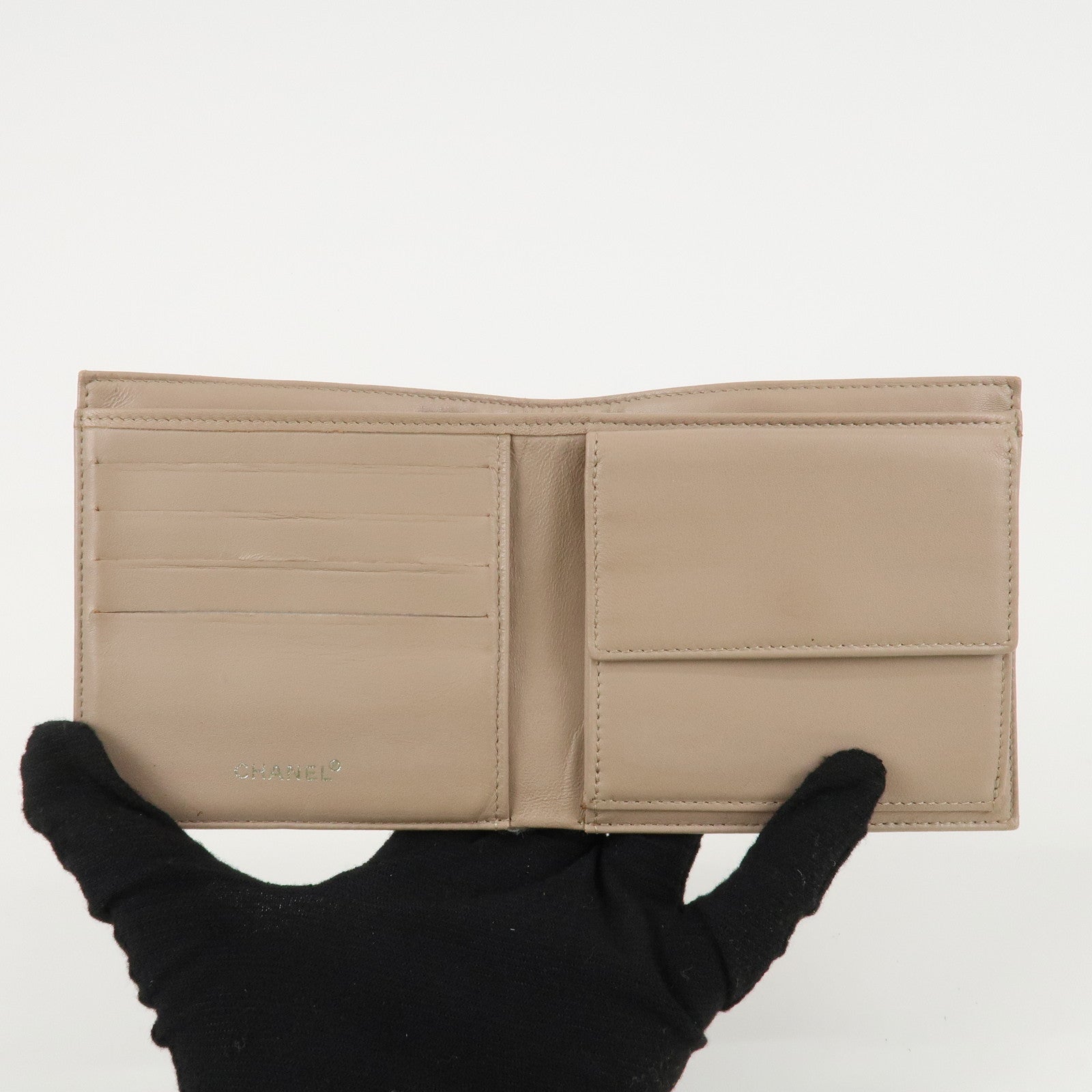 CHANEL New Travel Line Nylon Jacquard Bi-hold Compact Wallet Beige Used