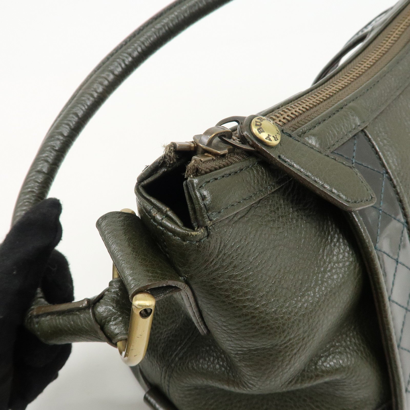 BURBERRY Leather Shoulder Bag Hand Bag Khaki Used