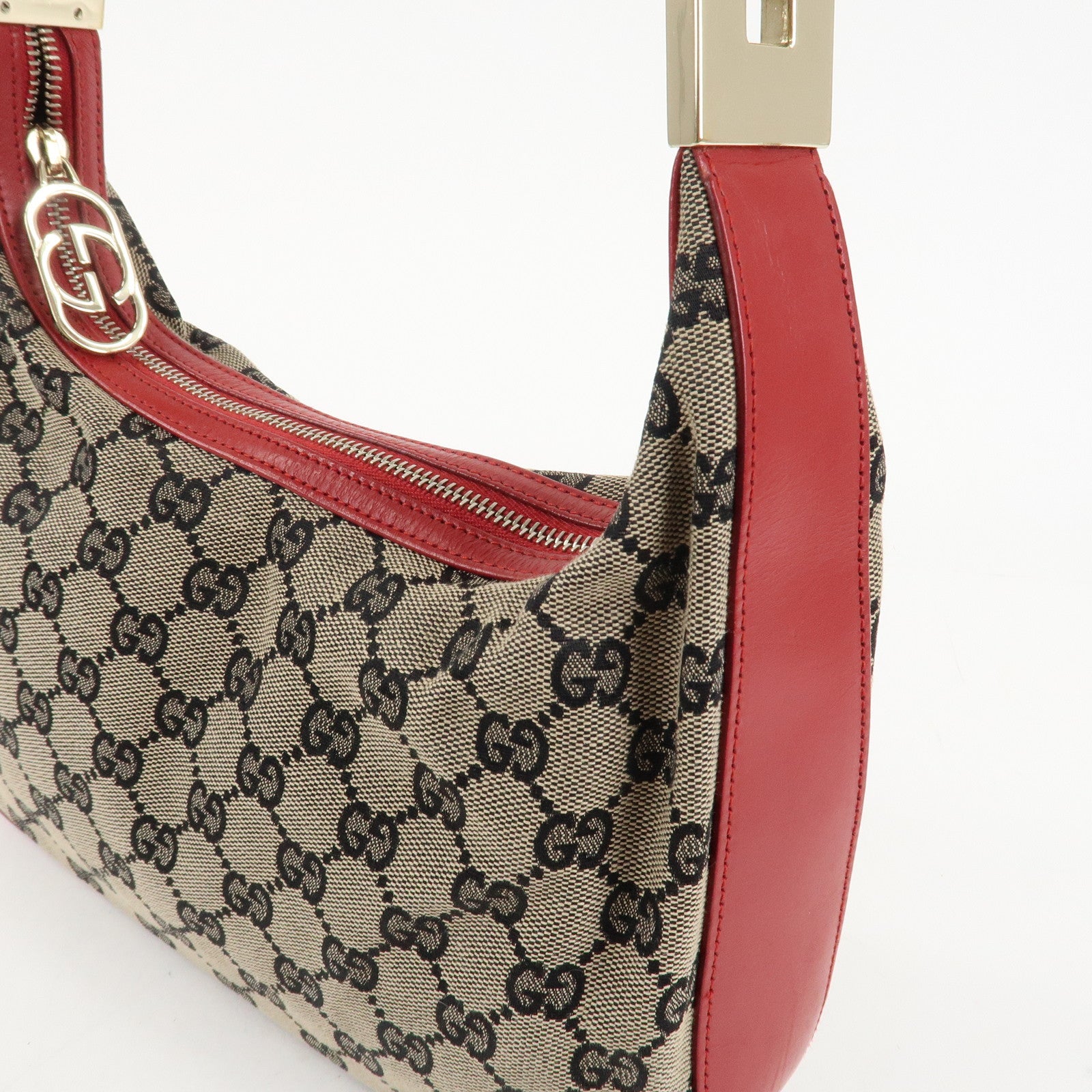 GUCCI GG Canvas Leather One-Shoulder Bag Beige Navy Red 001.3812 Used
