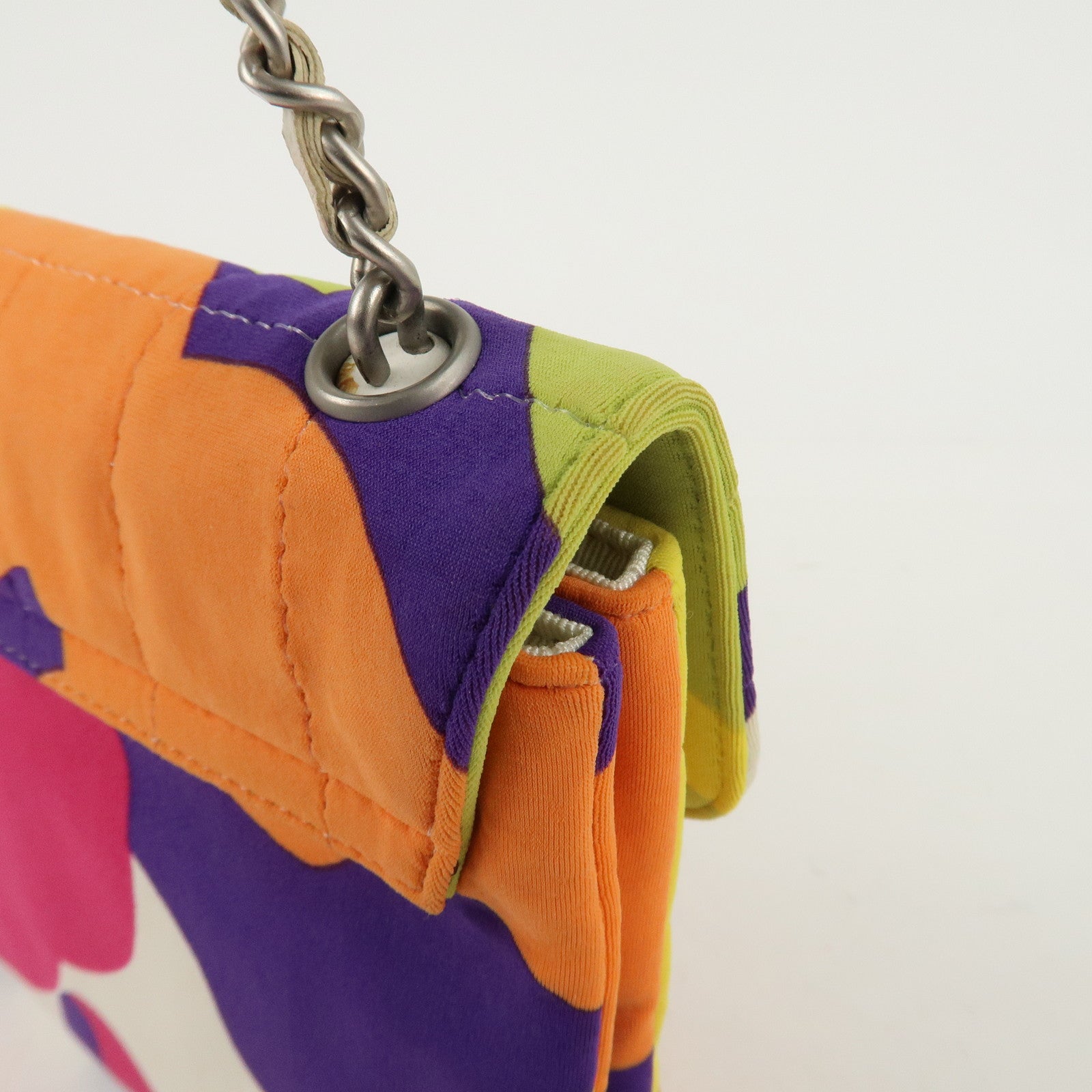 CHANEL Chocolate Bar Canvas Piano Chain Shoulder Bag Multi Color Used