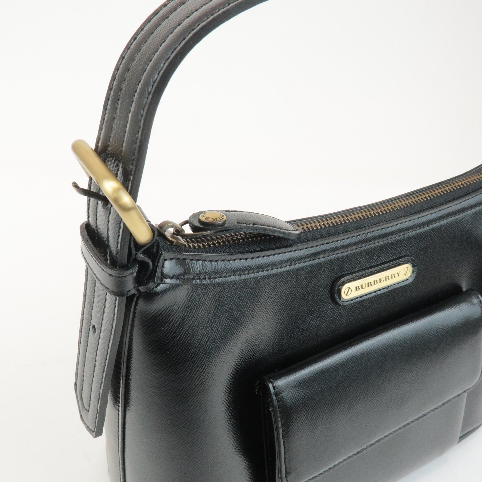 BURBERRY Leather Shoulder Bag Hand Bag Black Gold Hardware Used