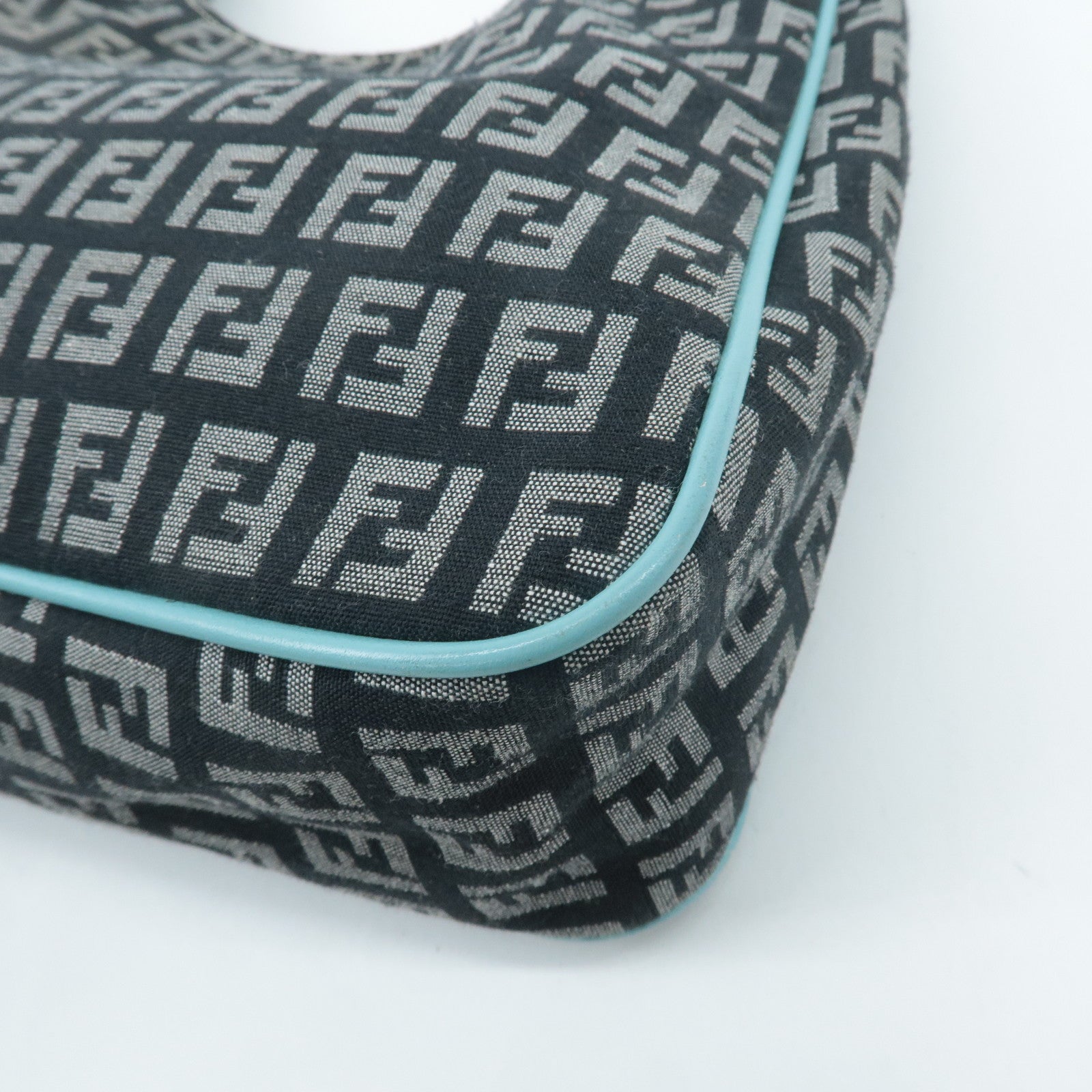 FENDI Zucchino Canvas Leather Shoulder Bag Black White Blue 8BR158 Used