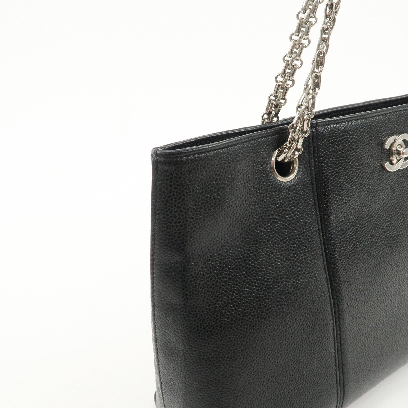 CHANEL Caviar Skin Chain Tote Bag Shoulder Black Silver HDW Used