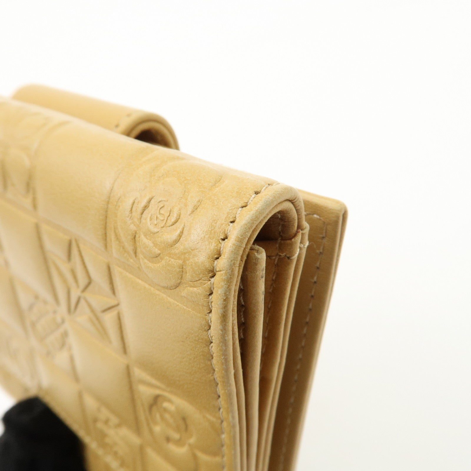 CHANEL Icon Line Lamb Skin W Flap Bi-fold Wallet Beige A24212 Used