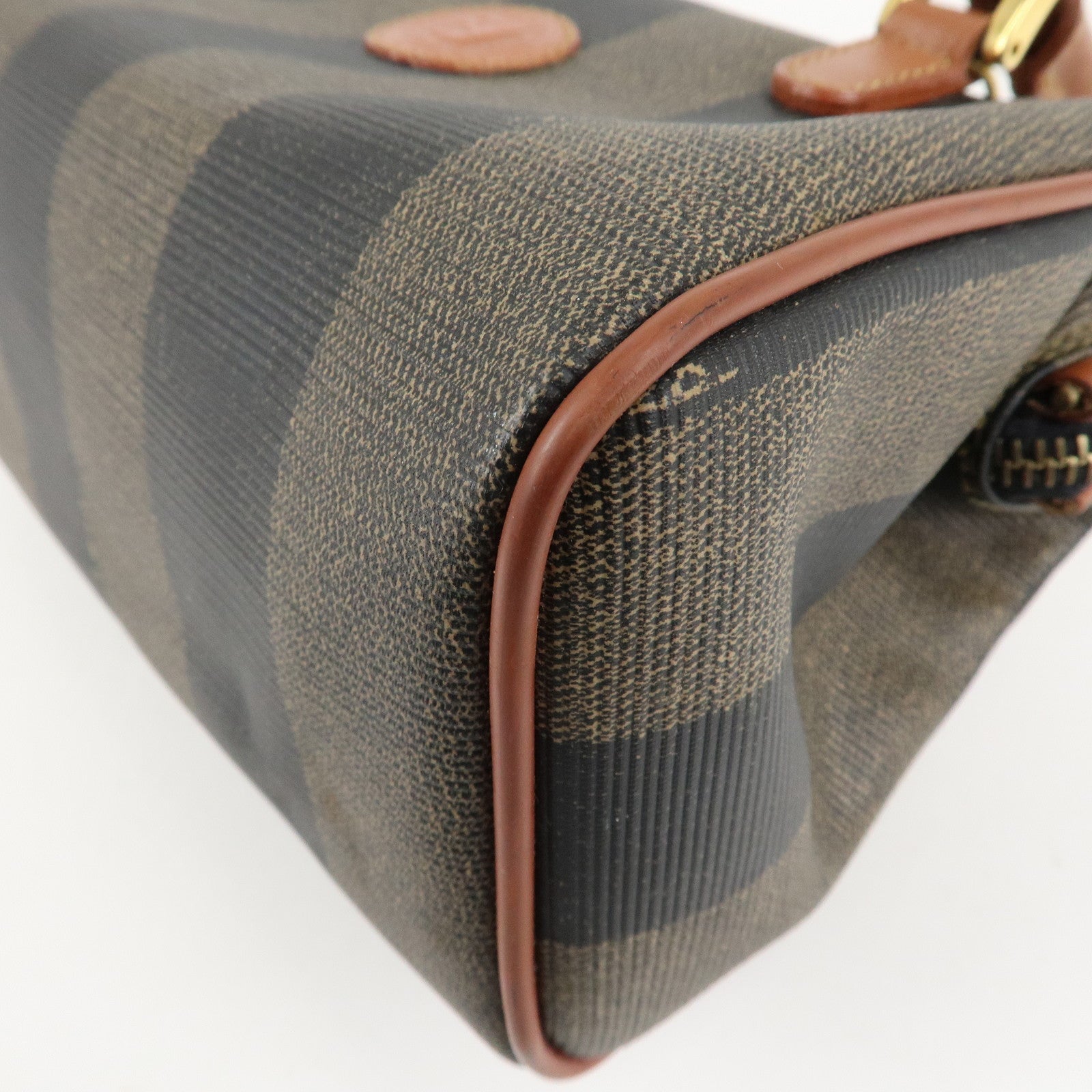 FENDI Pequin PVC Leather Mini Boston Bag Khaki Brown Black Used