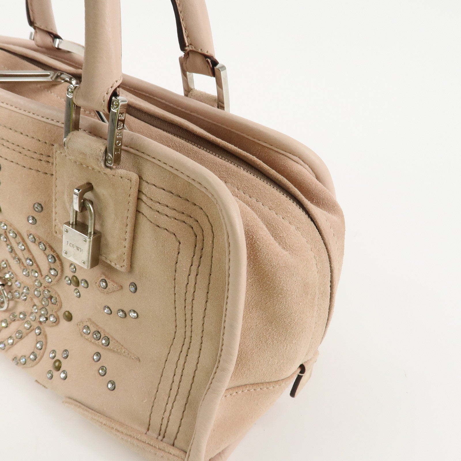 LOEWE Suede Amazona 28 Bijou Hand Bag Beige Pink Silver Hardware Used