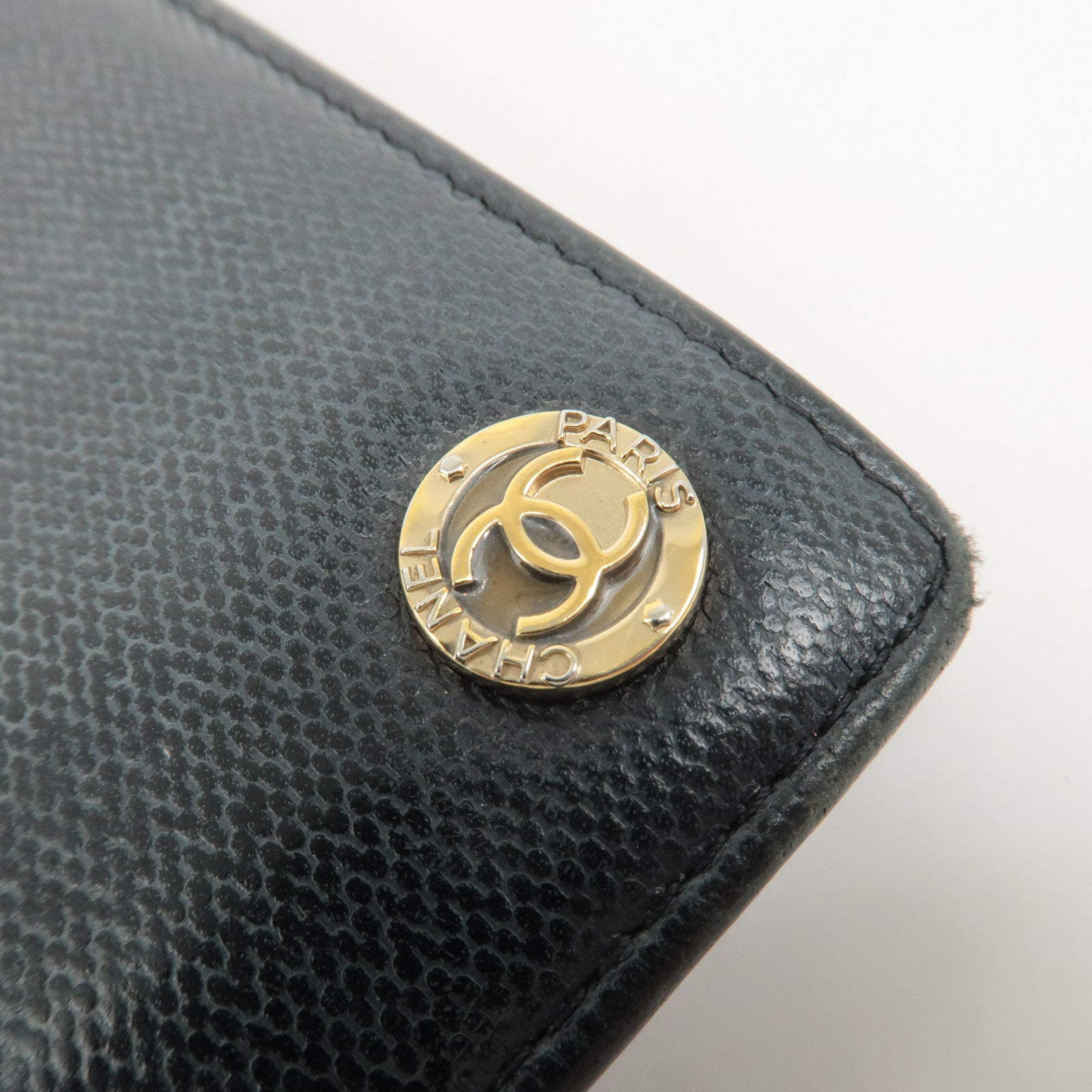 CHANEL COCO Button Leather Bi-Fold Long Wallet Black Used