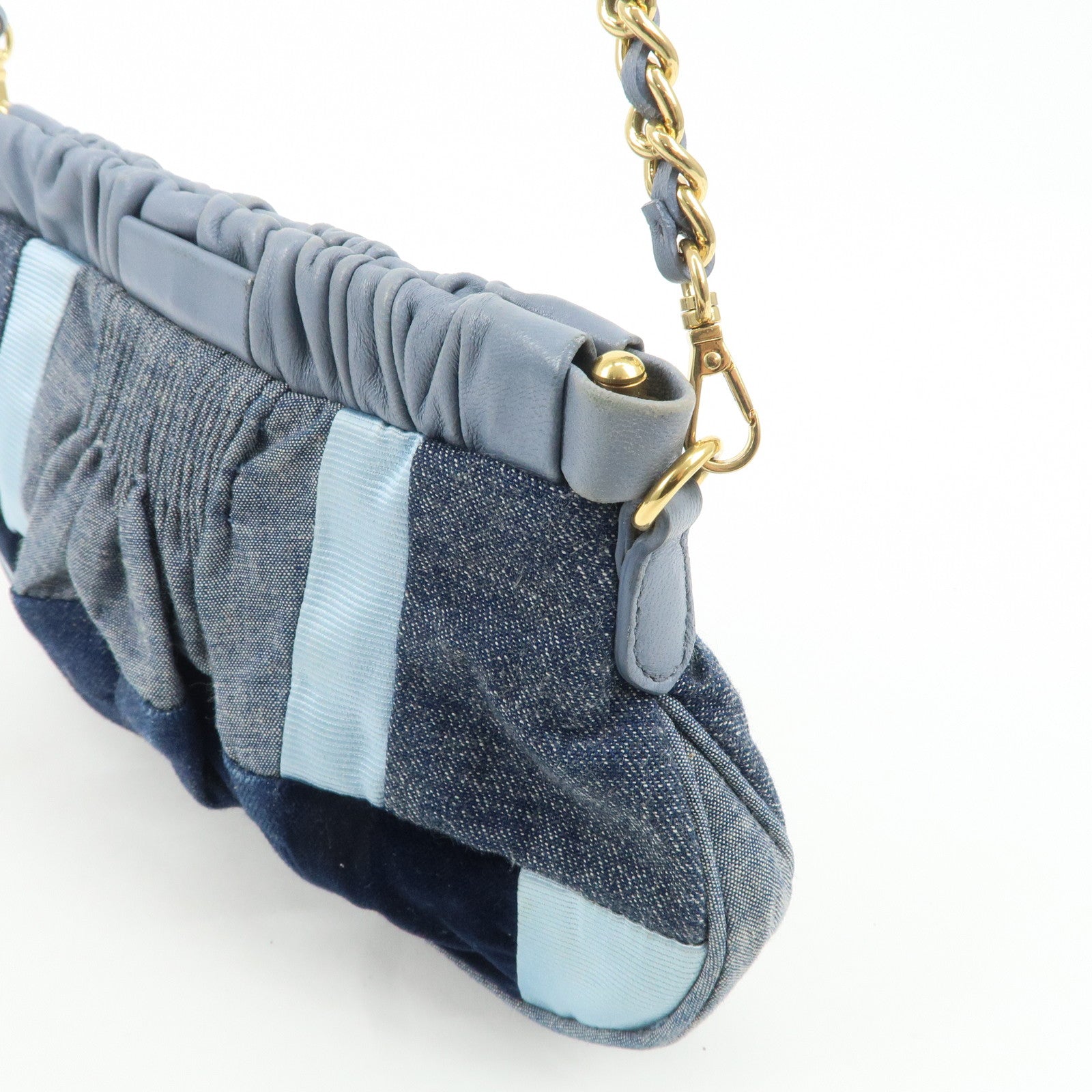 MIU MIU Denim Velour Leather Patches Shoulder Bag Blue Navy Used