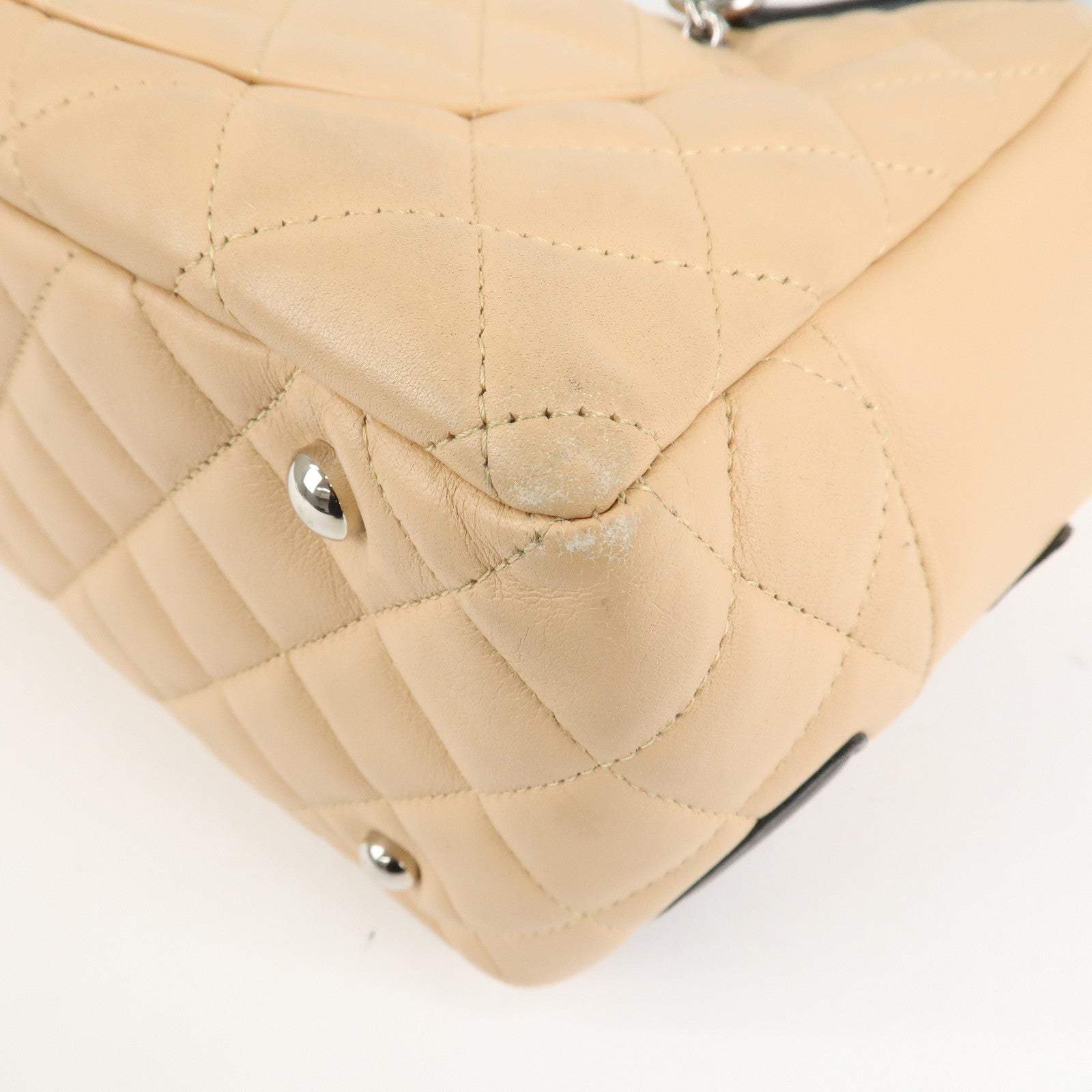 CHANEL Cambon Line Lamb Skin Bowling Bag Hand Bag Beige A25171 Used