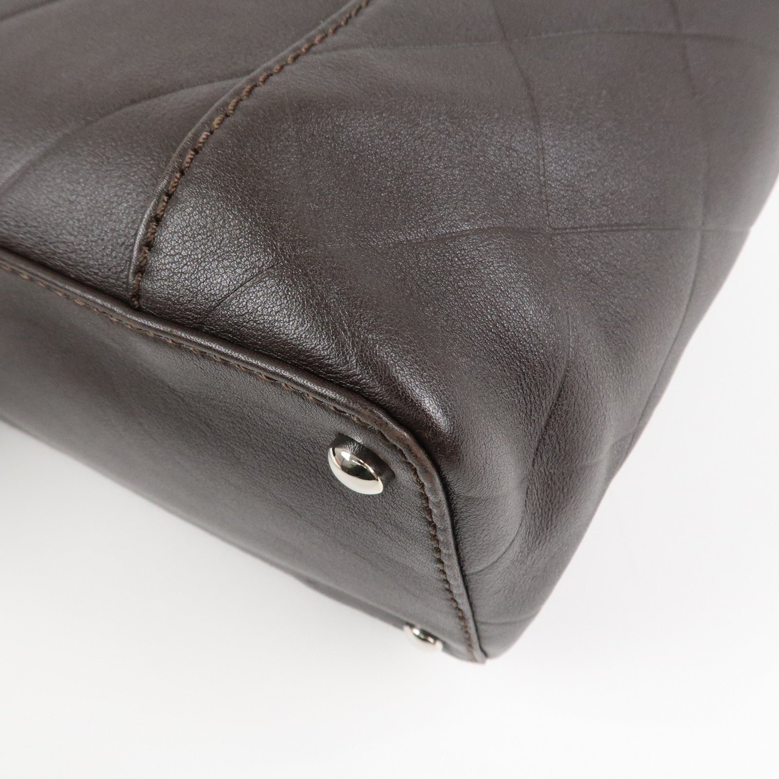 CHANEL COCO Mark Shevron Lamb Skin V Stich Tote Bag Dark Brown Used