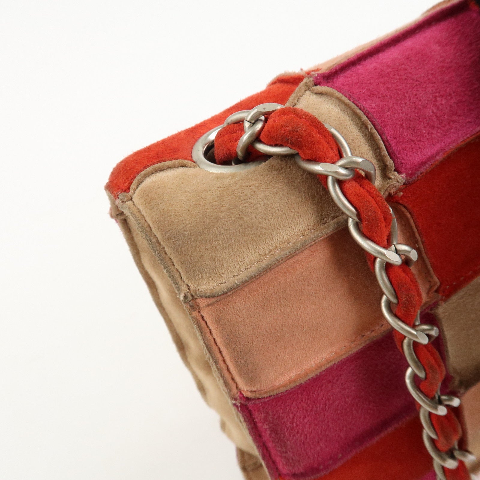 CHANEL Suede Patchwork Shoulder Bag Pink Beige Red Used