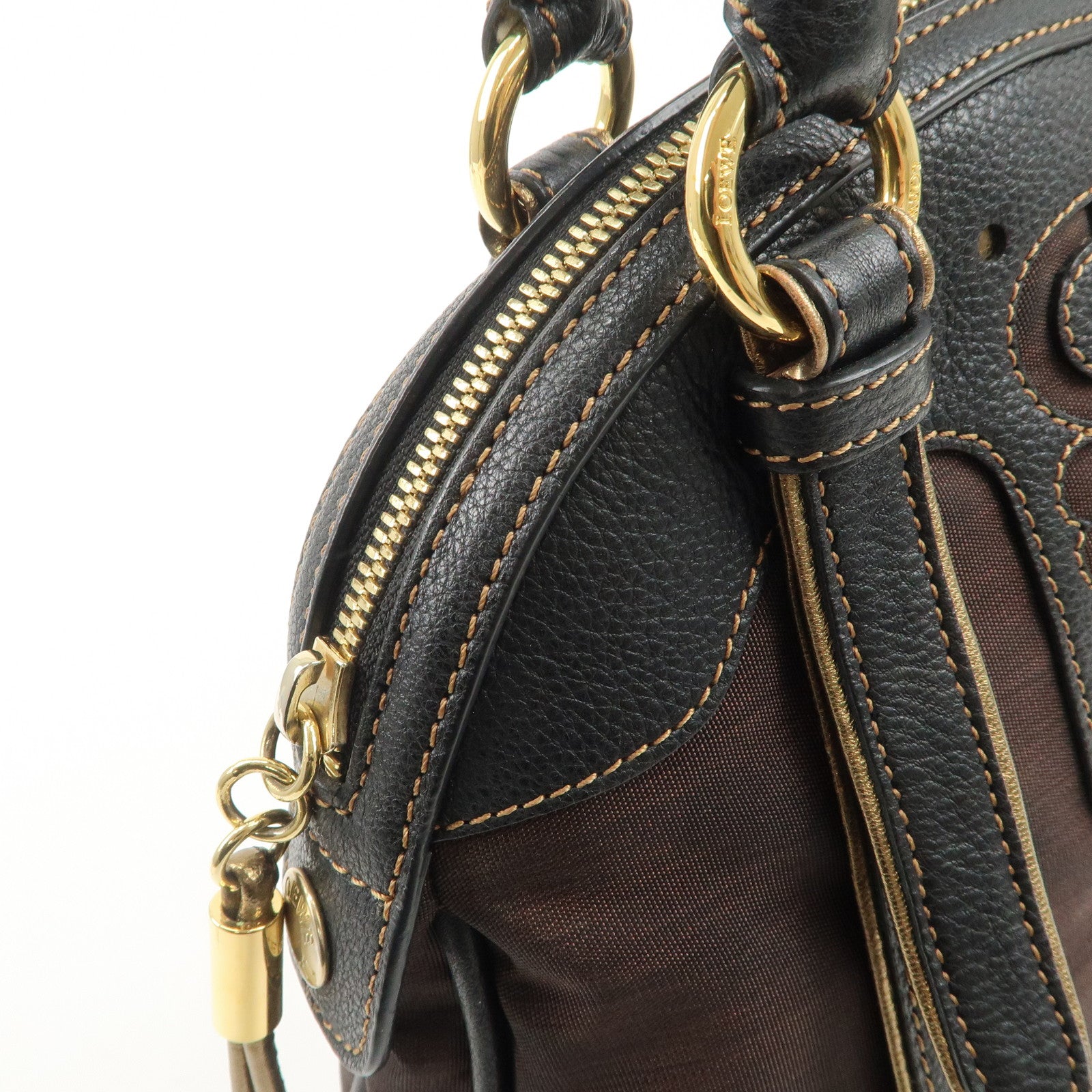 LOEWE Anagram Canvas Leather Hand Bag 340807 Brown Black Used