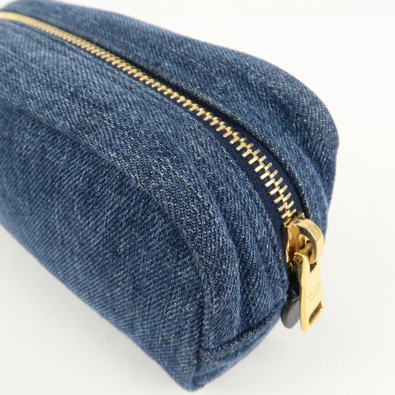 PRADA Triangle Logo Denim Pouch Cosmetic Pouch Blue Used