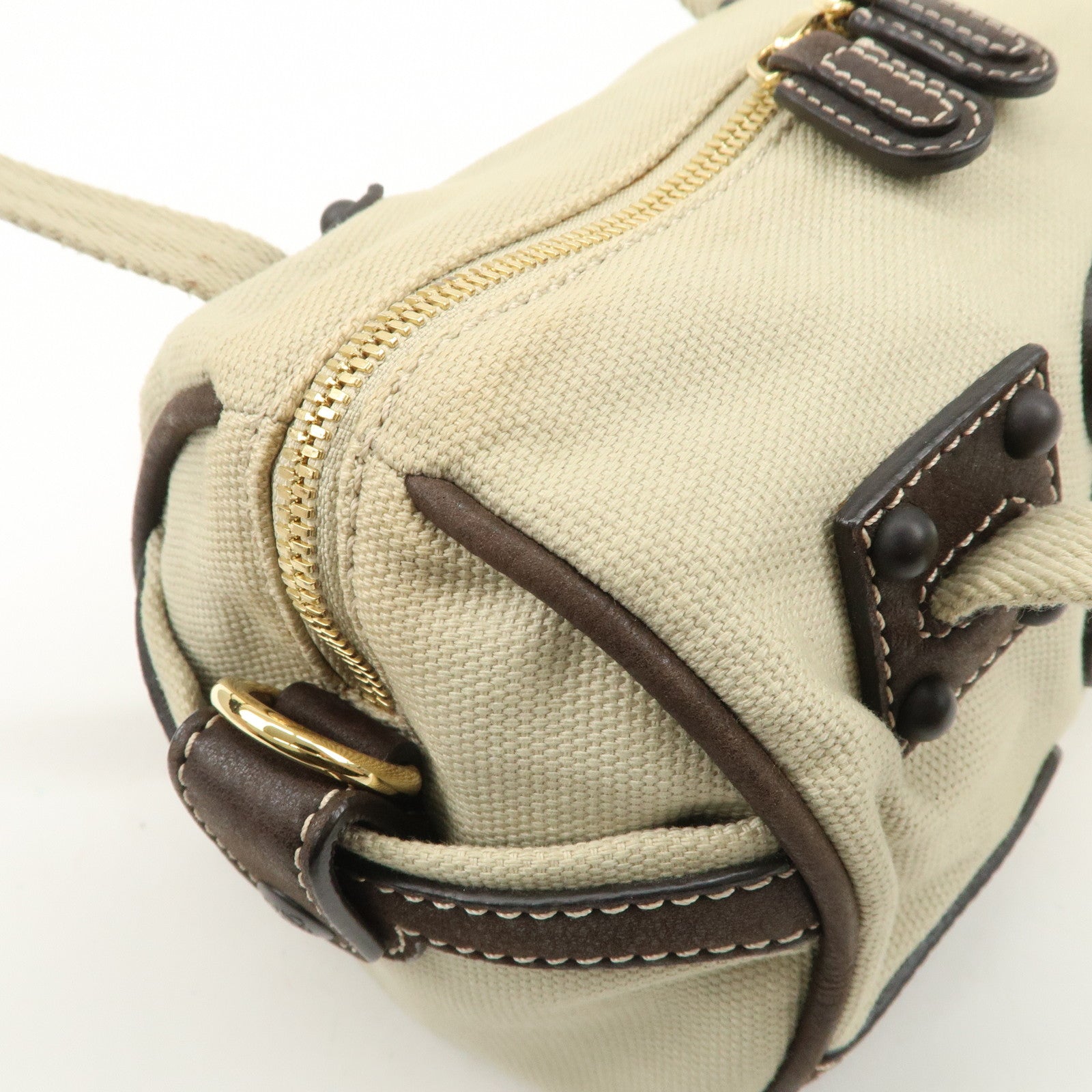 LOEWE Anagram Canvas Leather Mini Boston Bag Ivory Dark Brown Used