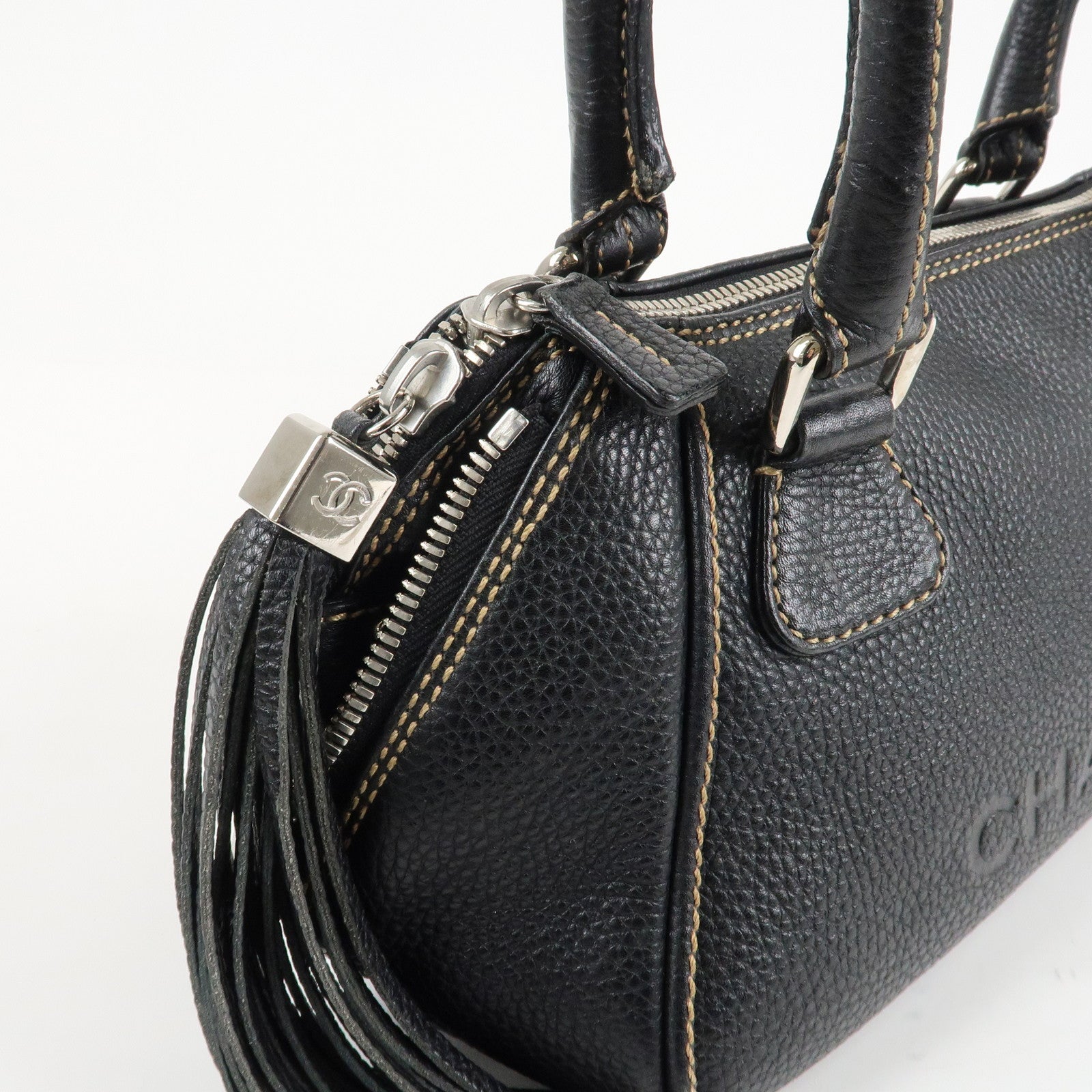 CHANEL COCO Mark Leather Fringe Shoulder Bag Hand Bag Black Used