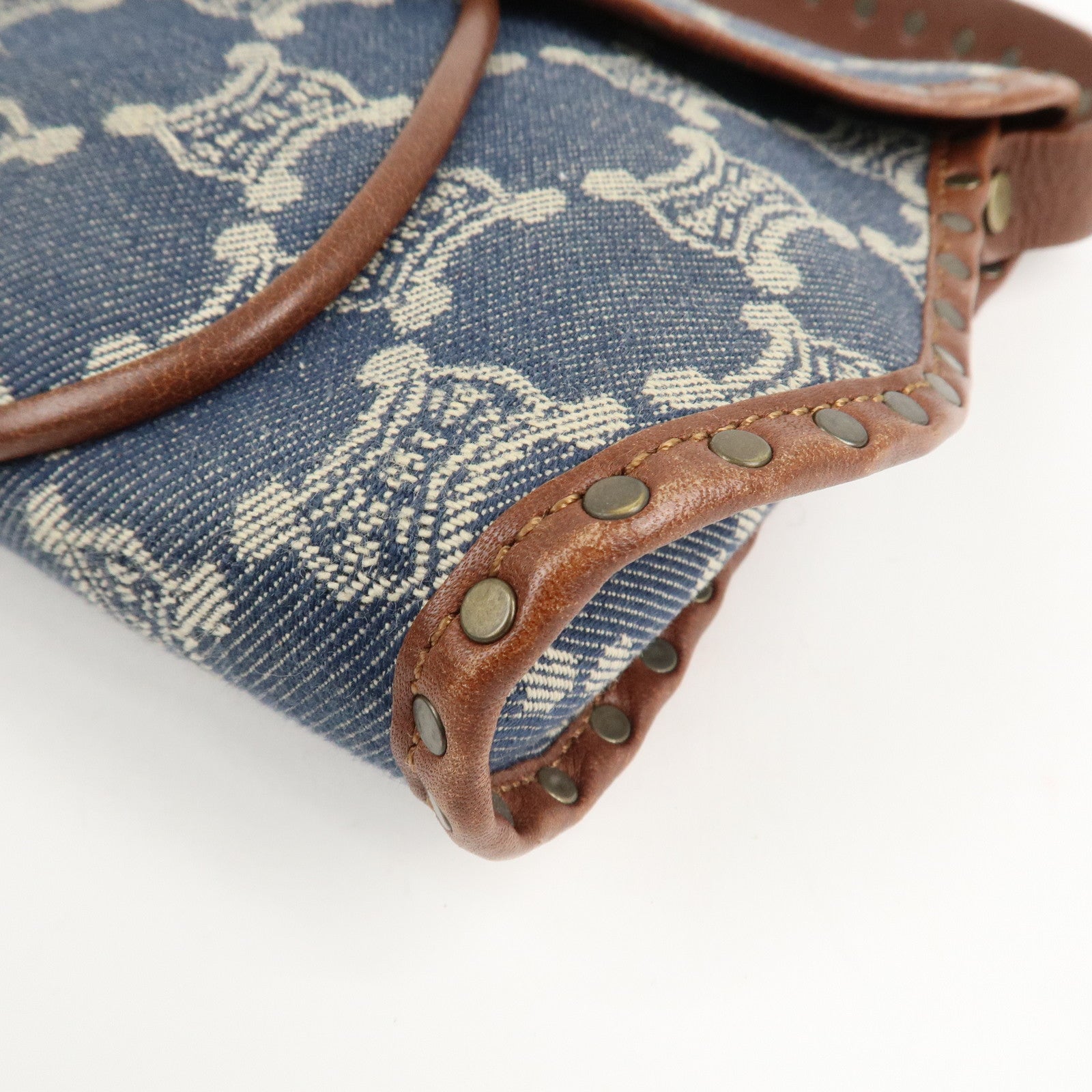 CELINE Macadam Denim Leather Shoulder Bag Blue Brown Used