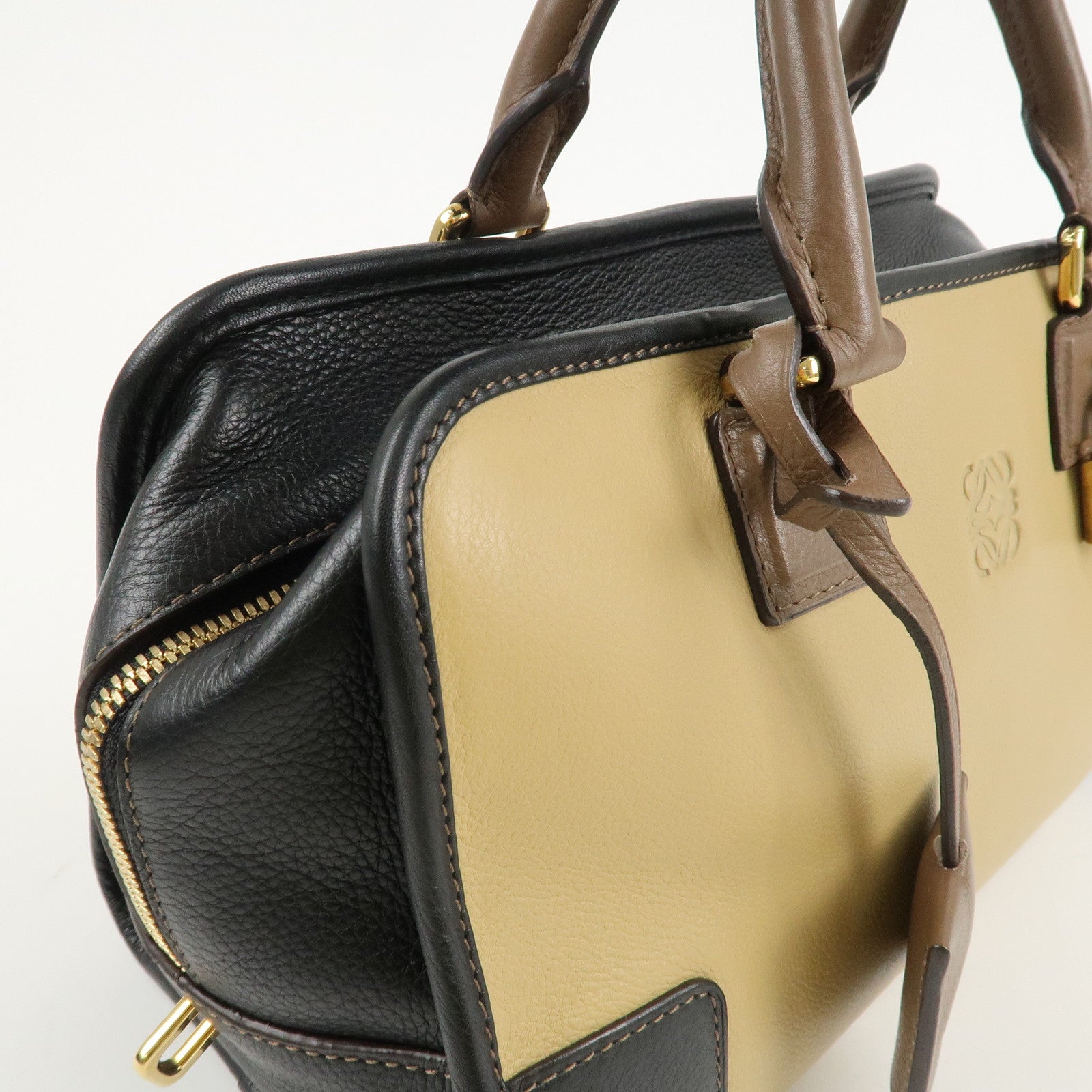 LOEWE Anagram Leather Amasona 28 Hand Bag Beige Black Brown Used