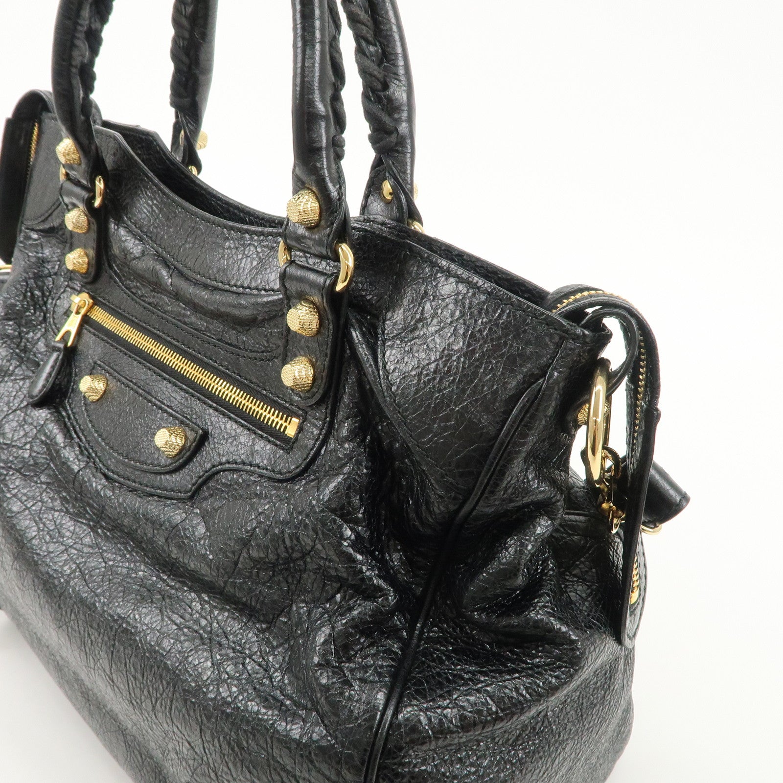 BALENCIAGA Leather The Giant Velo Hand Bag Black 28201 Used