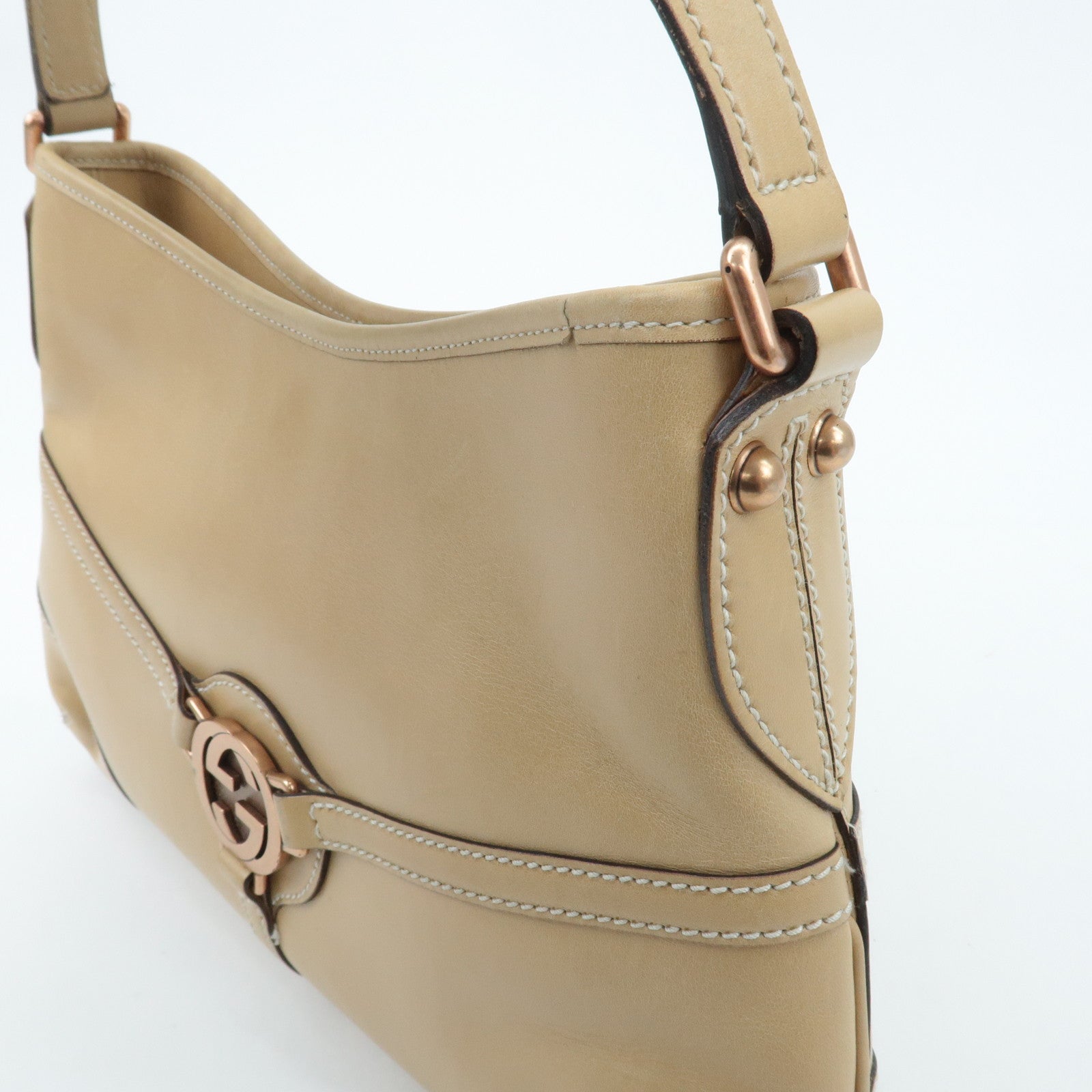 GUCCI Interlocking G Leather Shoulder Bag Beige 114877 Used