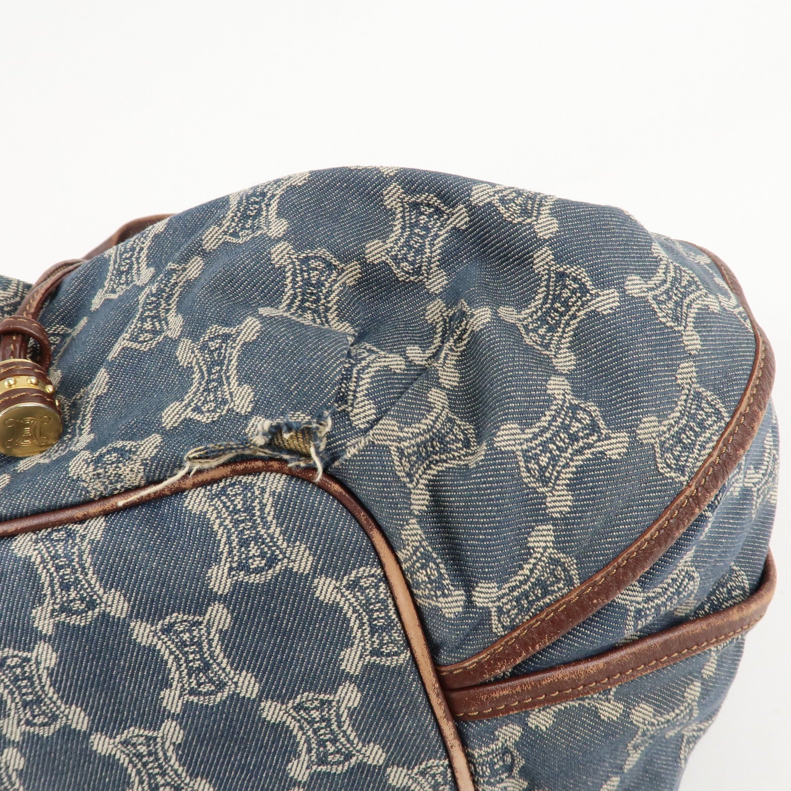 CELINE Macadam Denim Leather Bittersweet Shoudler Bag Navy Brown Used