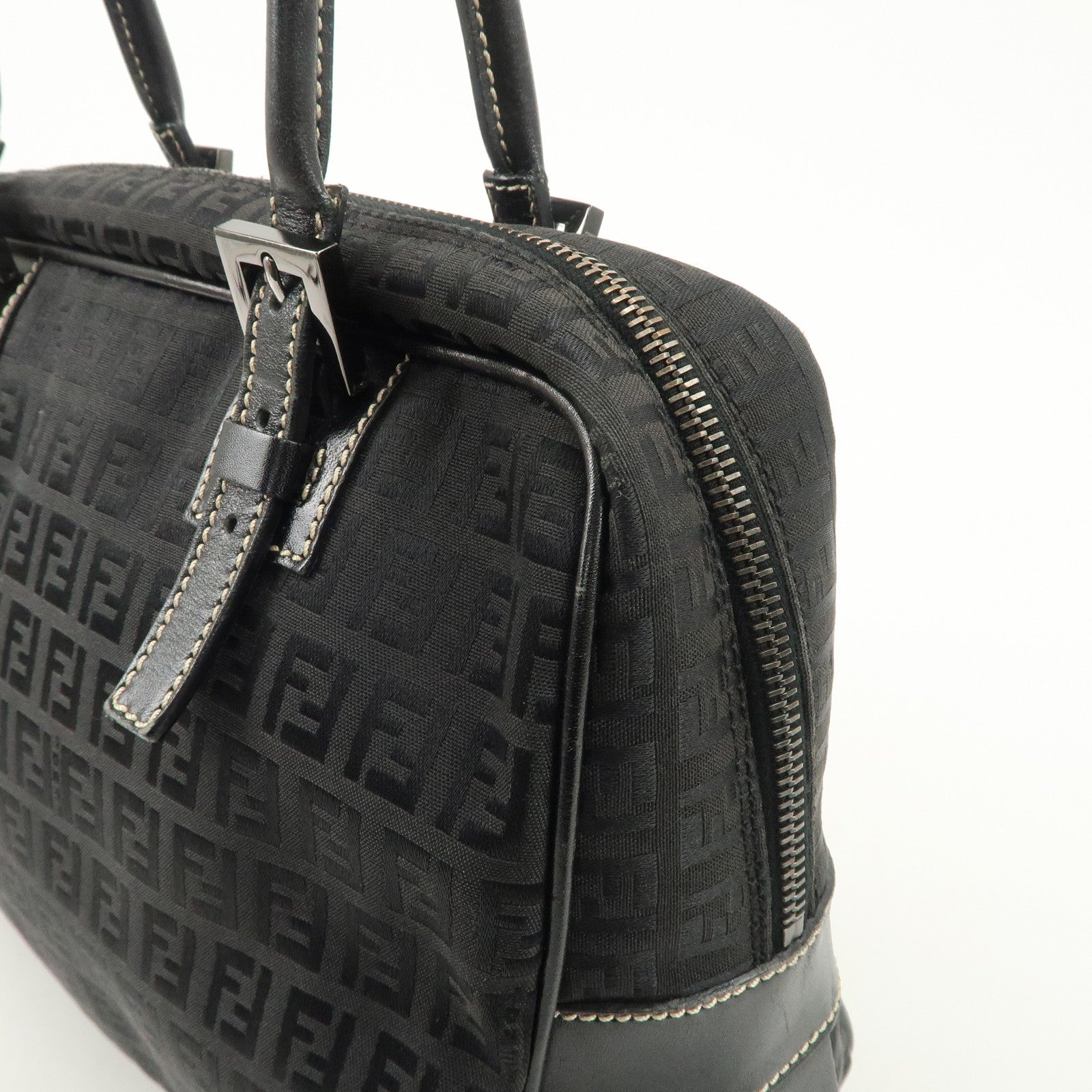 FENDI Zucchino Canvas Leather Mini Boston Bag Black 8BN005 Used
