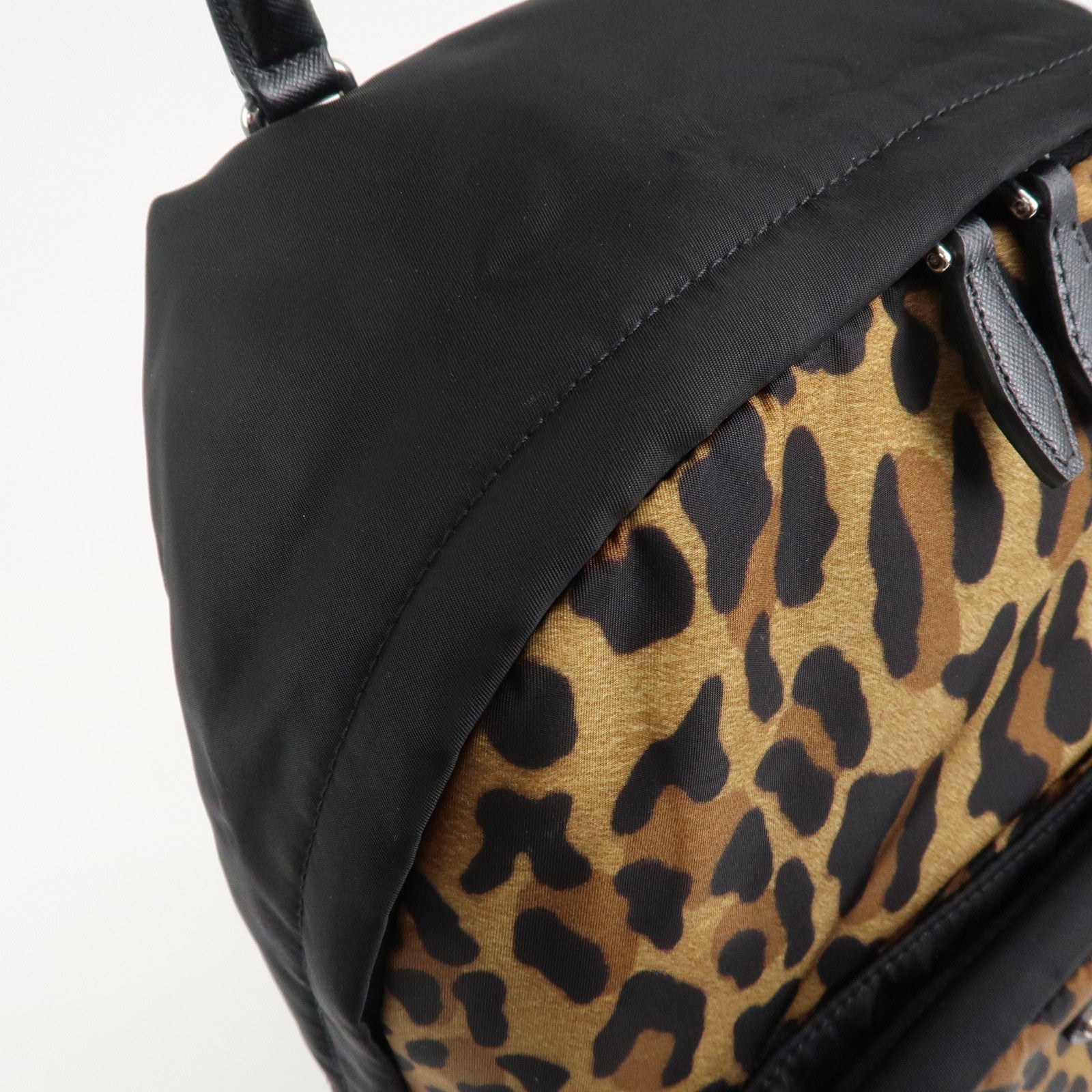PRADA Leopard Nylon Leather Rucksack Black Brown 1BZ001 Used