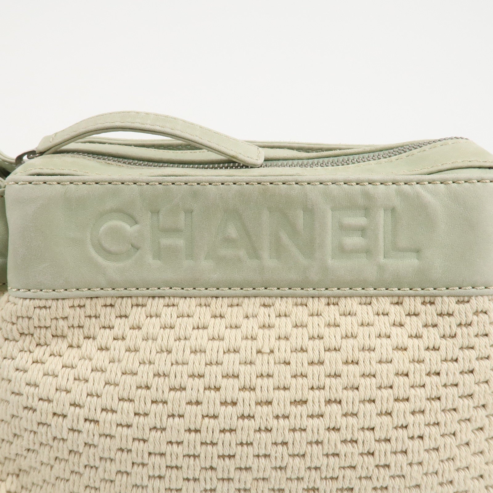 CHANEL Cotton Leather Chain Shoulder Bag Ivory Light Green Used