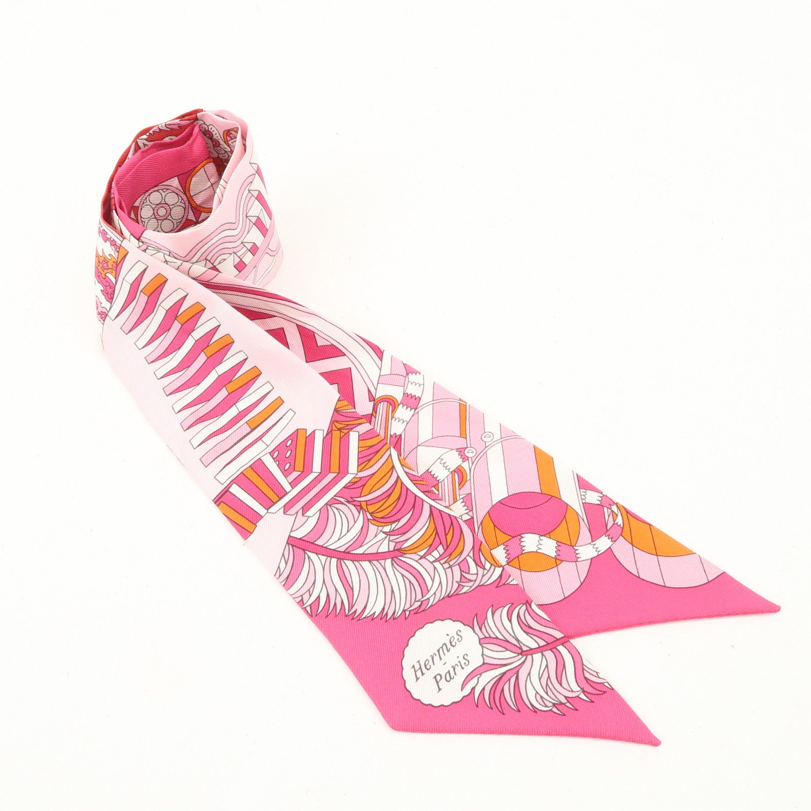 HERMES Silk 100% Twilly Scarf De l'Ombrelle aux Duels Pink Used