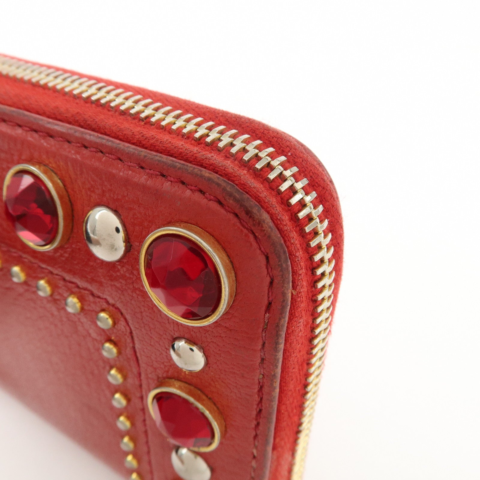 MIU MIU Leather Round Zipper Long Wallet Bijou Studs Red Used