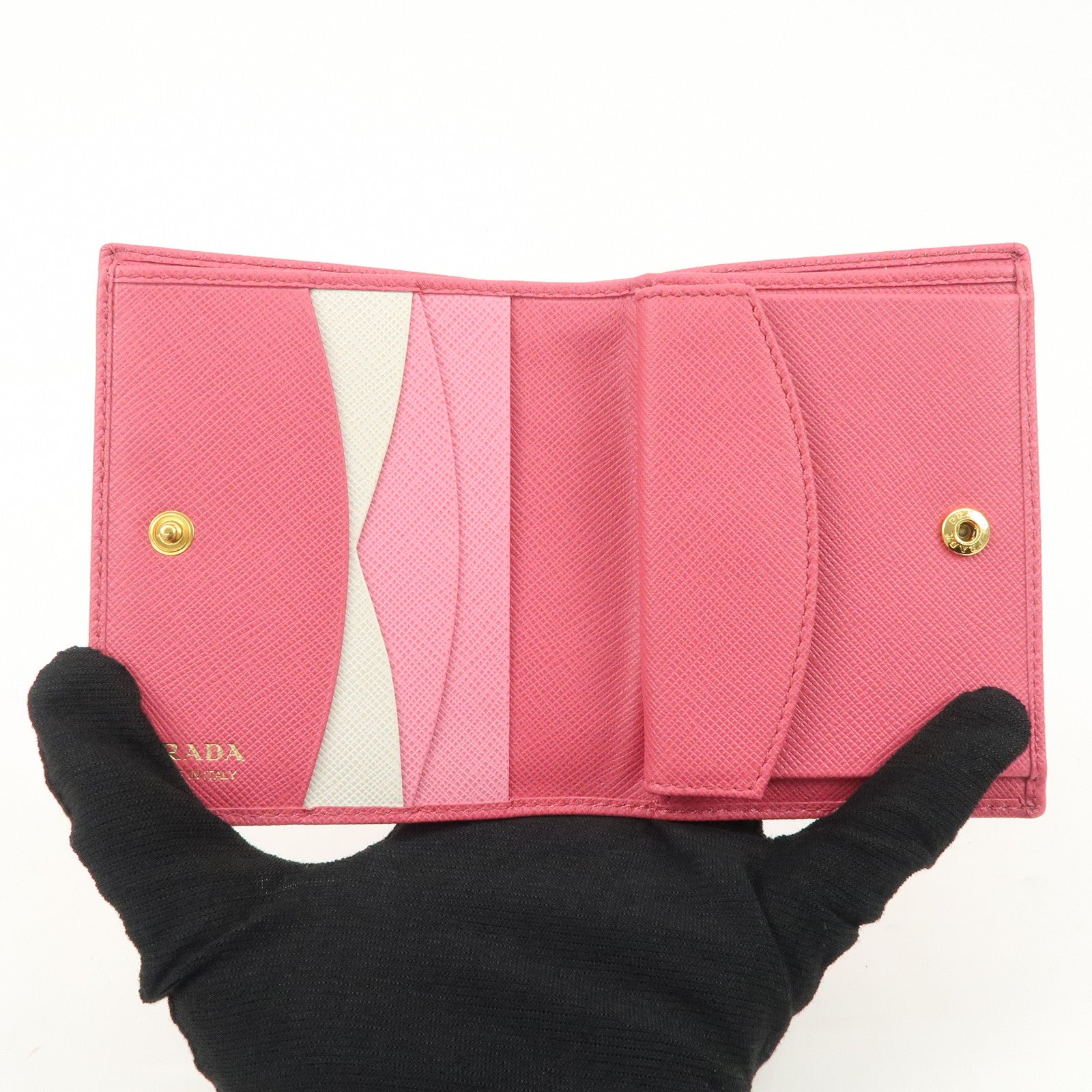 PRADA Logo Saffiano Leather Bi-Fold Wallet Pink 1MV204 Used