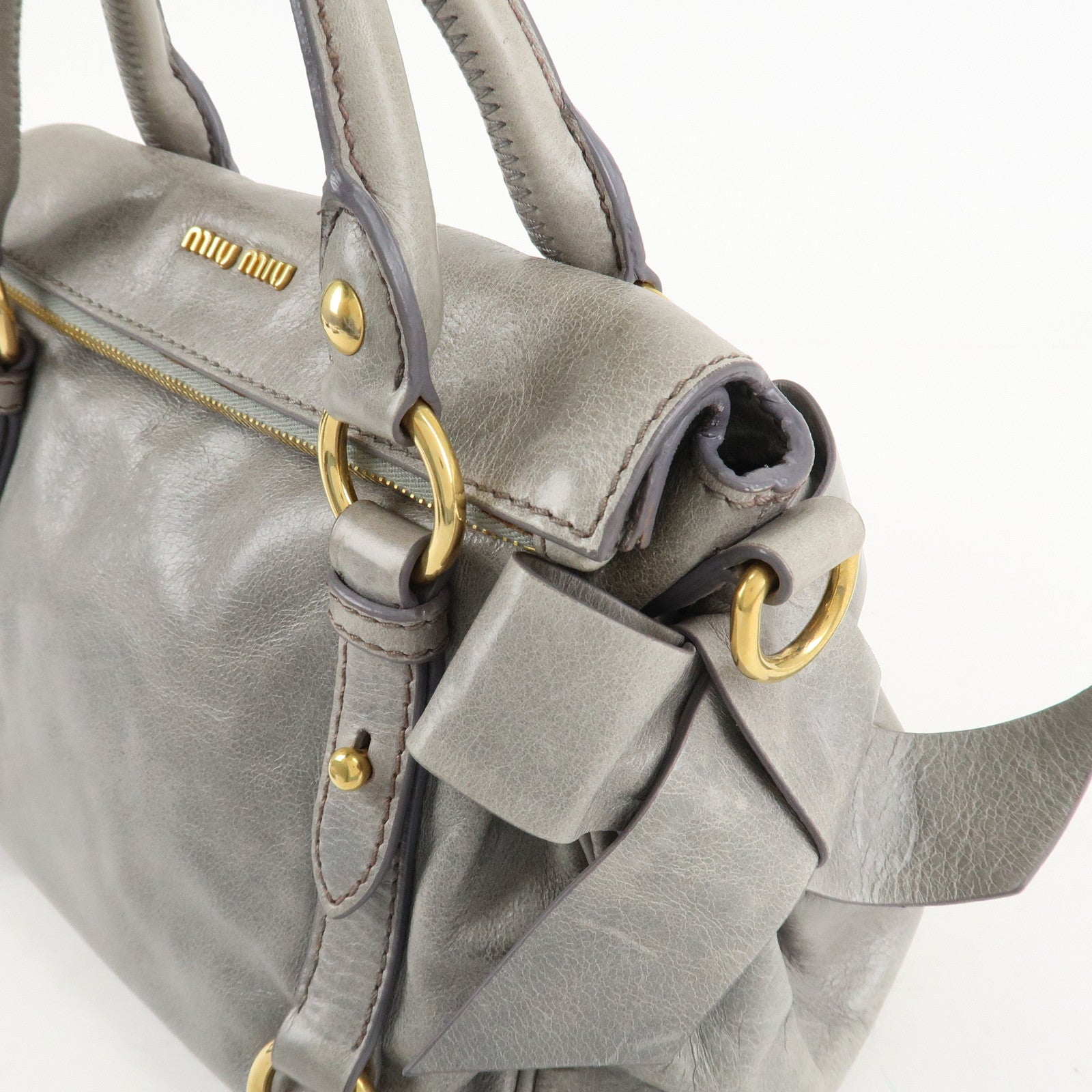 MIU MIU Leather 2Way Bag Hand Bag Shoulder Bag Light Blue Gold HDW Used